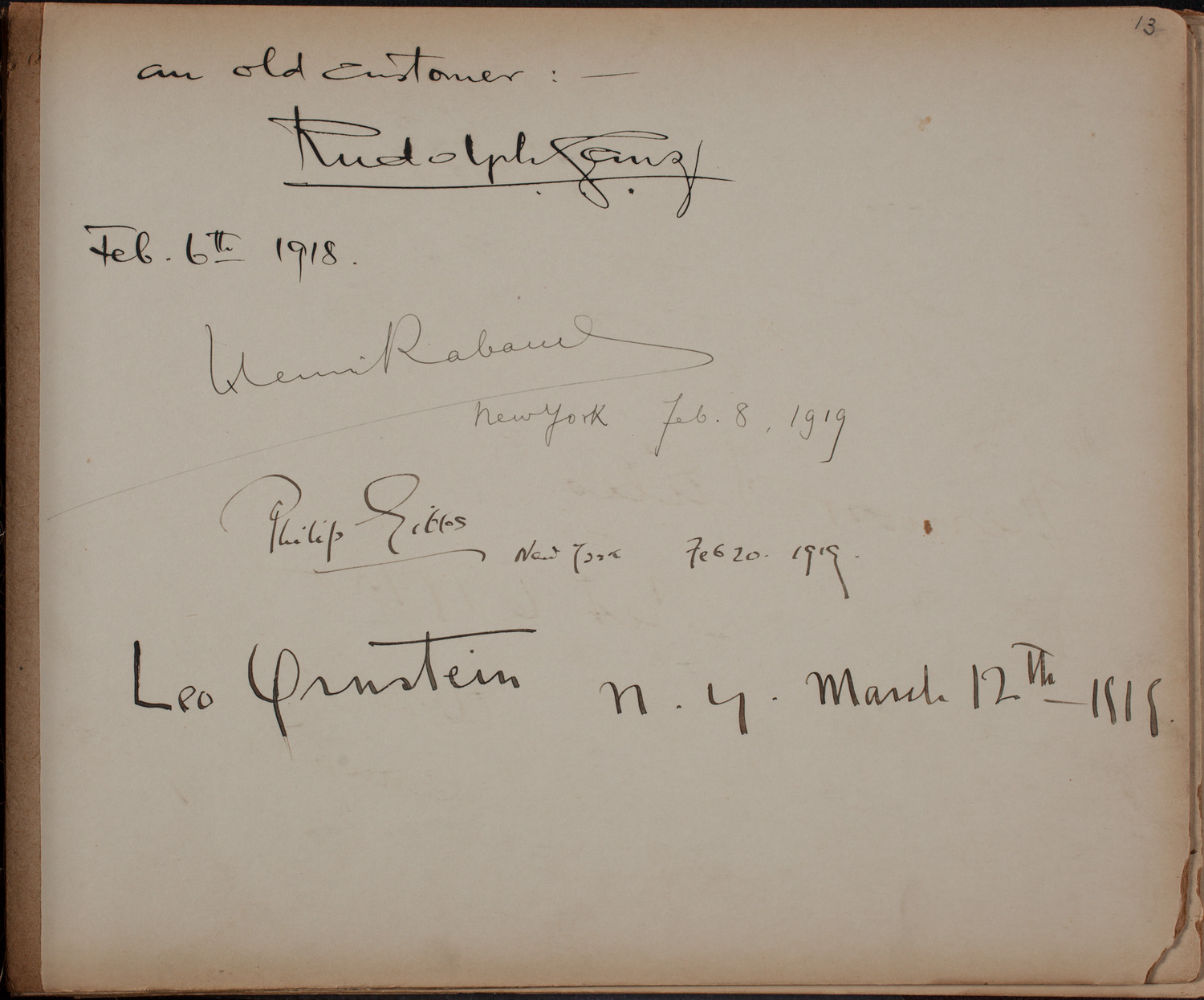 Louis Salter Autograph Album, page 13: 1918 - 1919