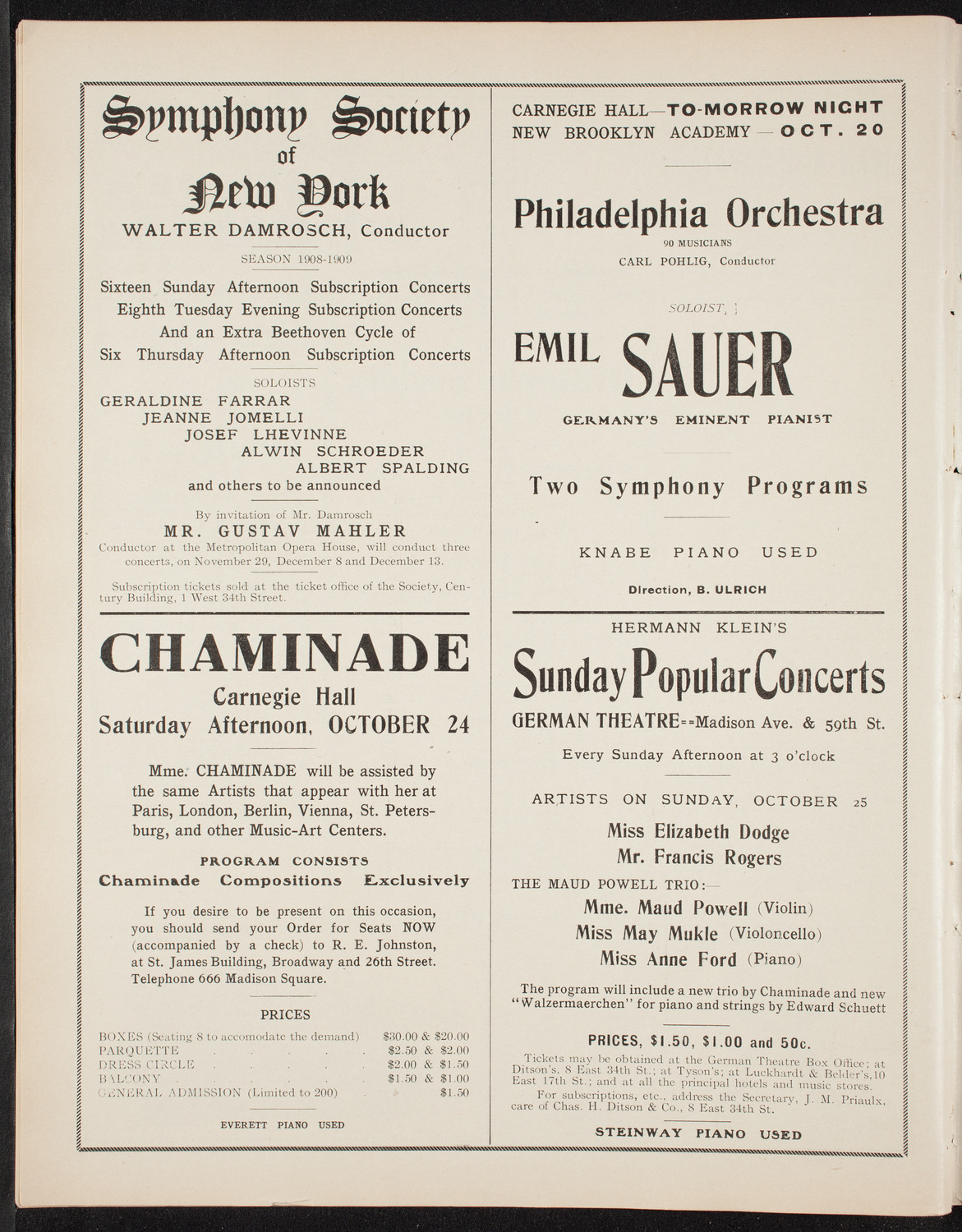 Johanna Gadski, Soprano, October 18, 1908, program page 10