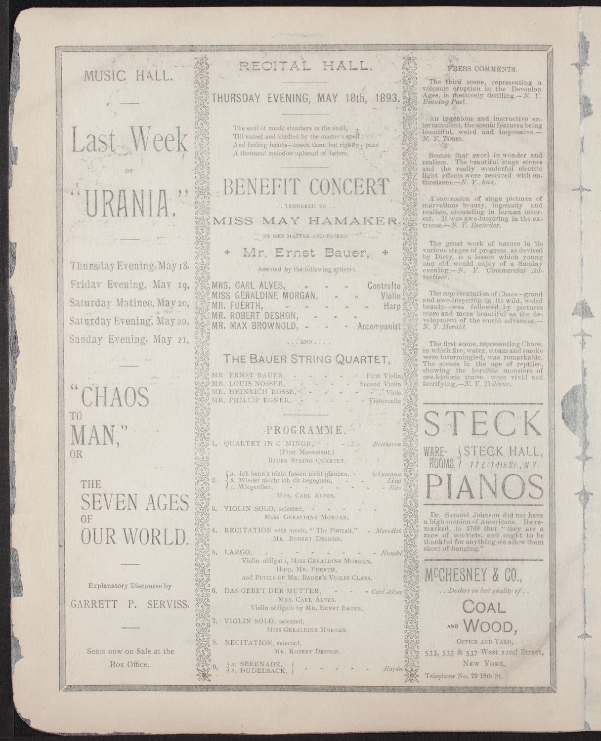 Benefit: May Hamaker, May 18, 1893, program page 2