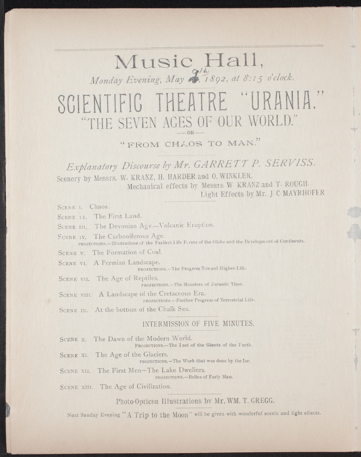 Urania Scientific Theatre, May 9, 1892, program page 4