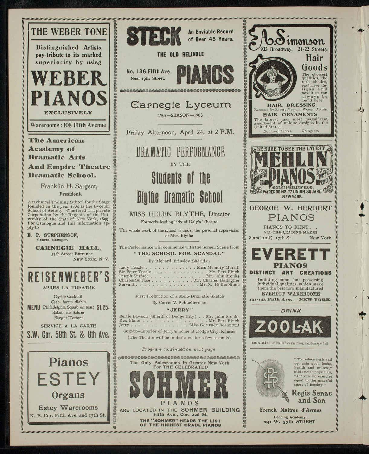 Students of the Blythe Dramatic School, April 24, 1903, program page 2