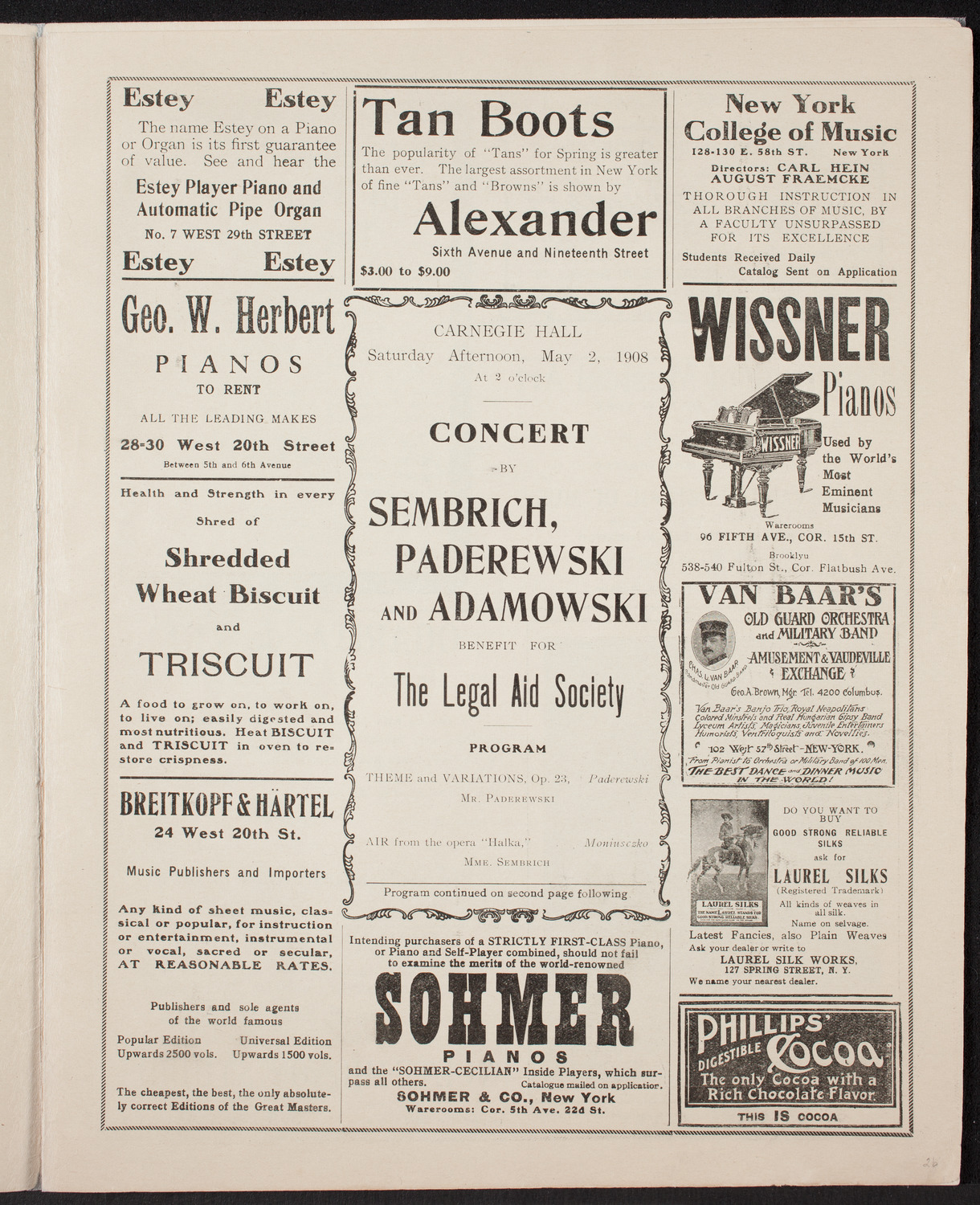 Marcella Sembrich, Soprano, Ignacy Jan Paderewski, Piano, and Timothy Adamowski, Violin, May 2, 1908, program page 5