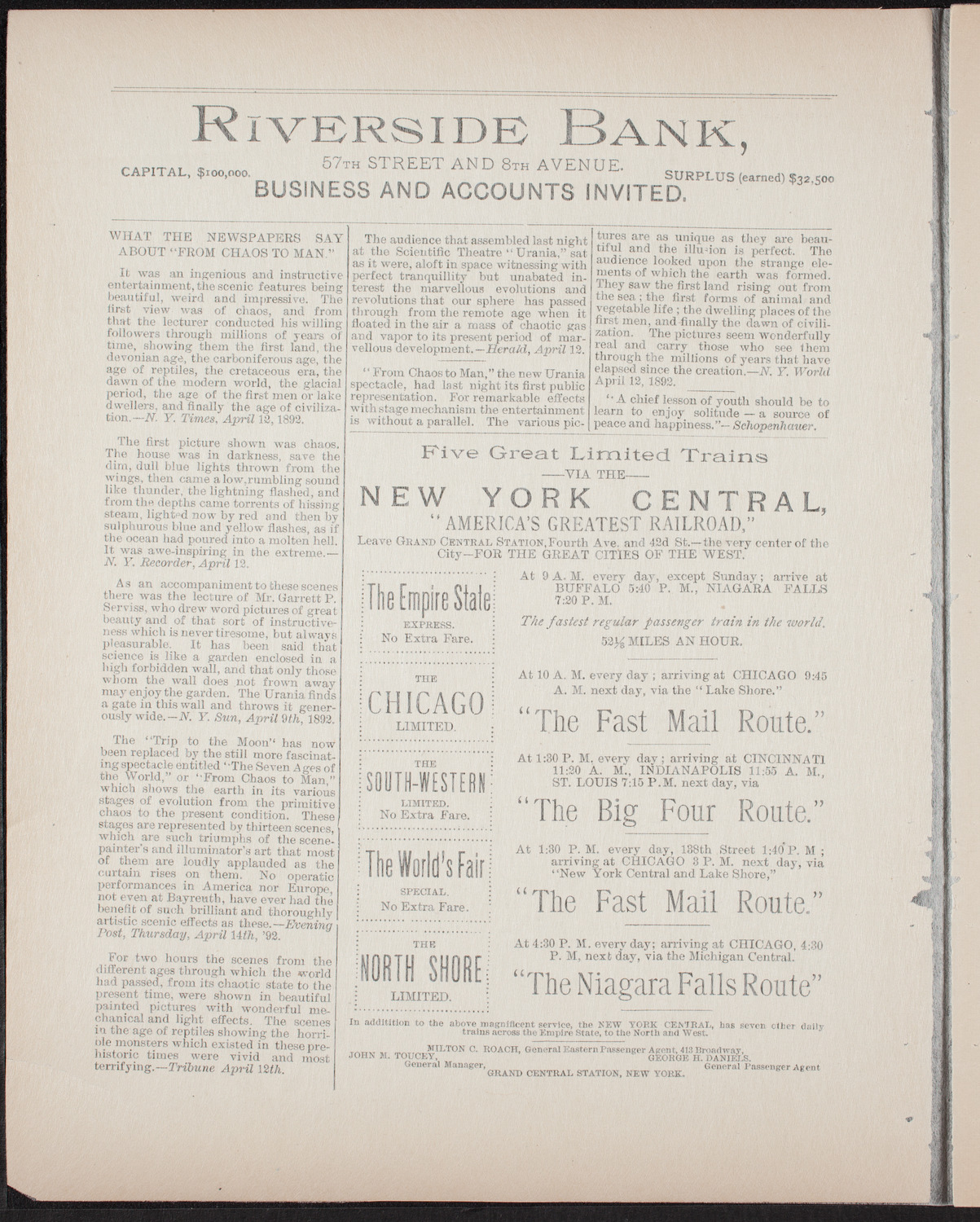 Urania Scientific Theatre, May 4, 1892, program page 2