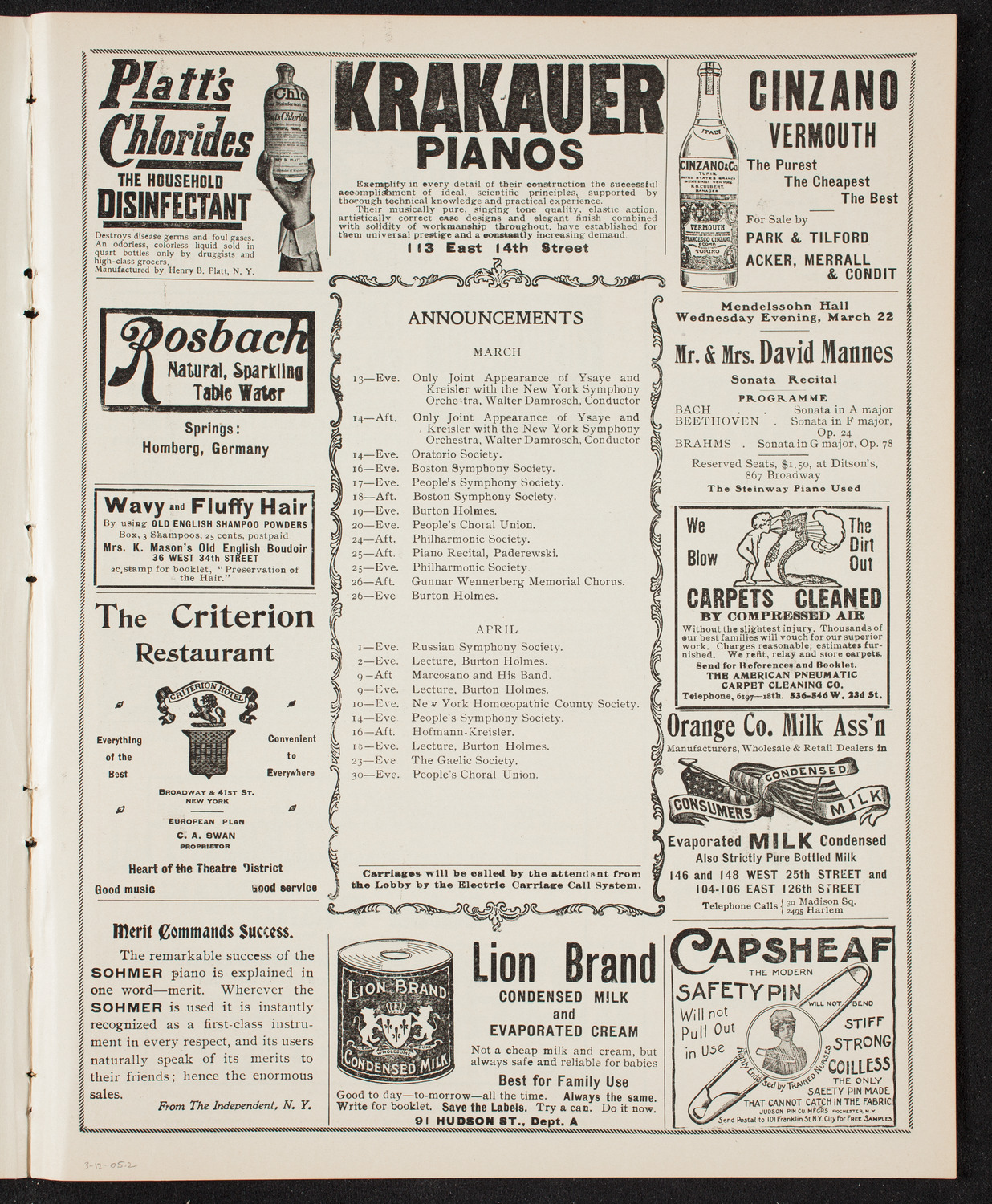 Eugène Ysaÿe, Violin, March 12, 1905, program page 3