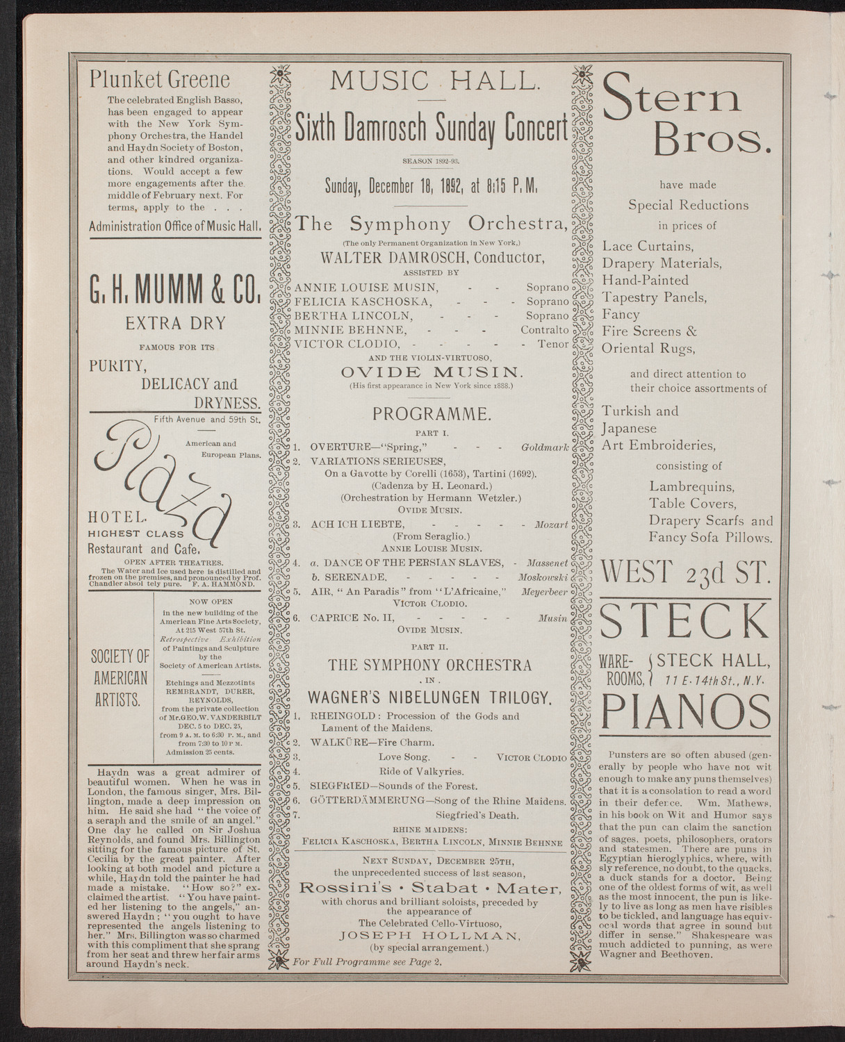 Damrosch Sunday Concert, December 18, 1892, program page 4