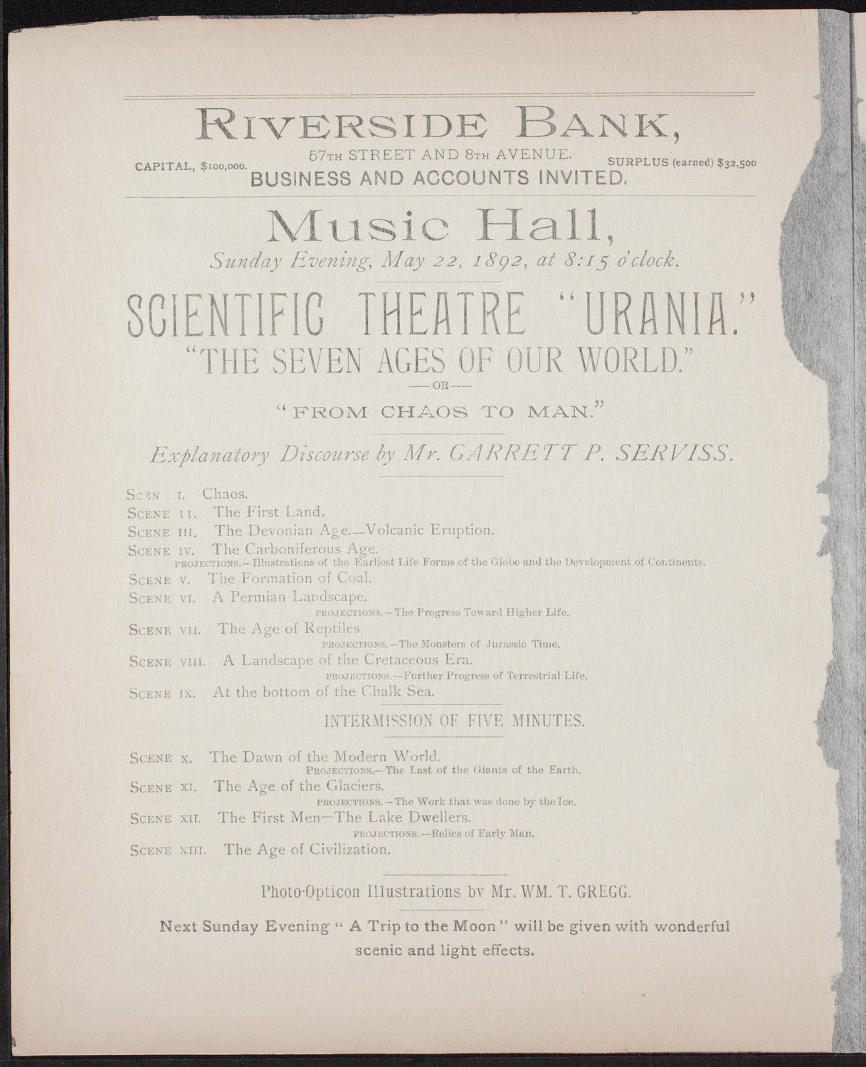 Urania Scientific Theatre, May 22, 1892, program page 2