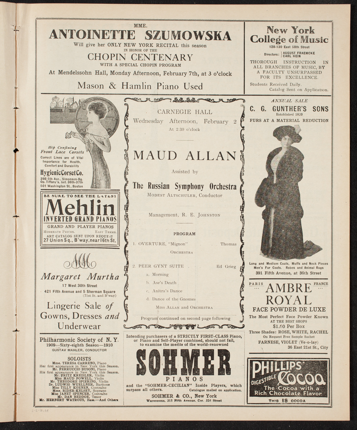 Maud Allan with The Russian Symphony Orchestra, February 2, 1910, program page 5