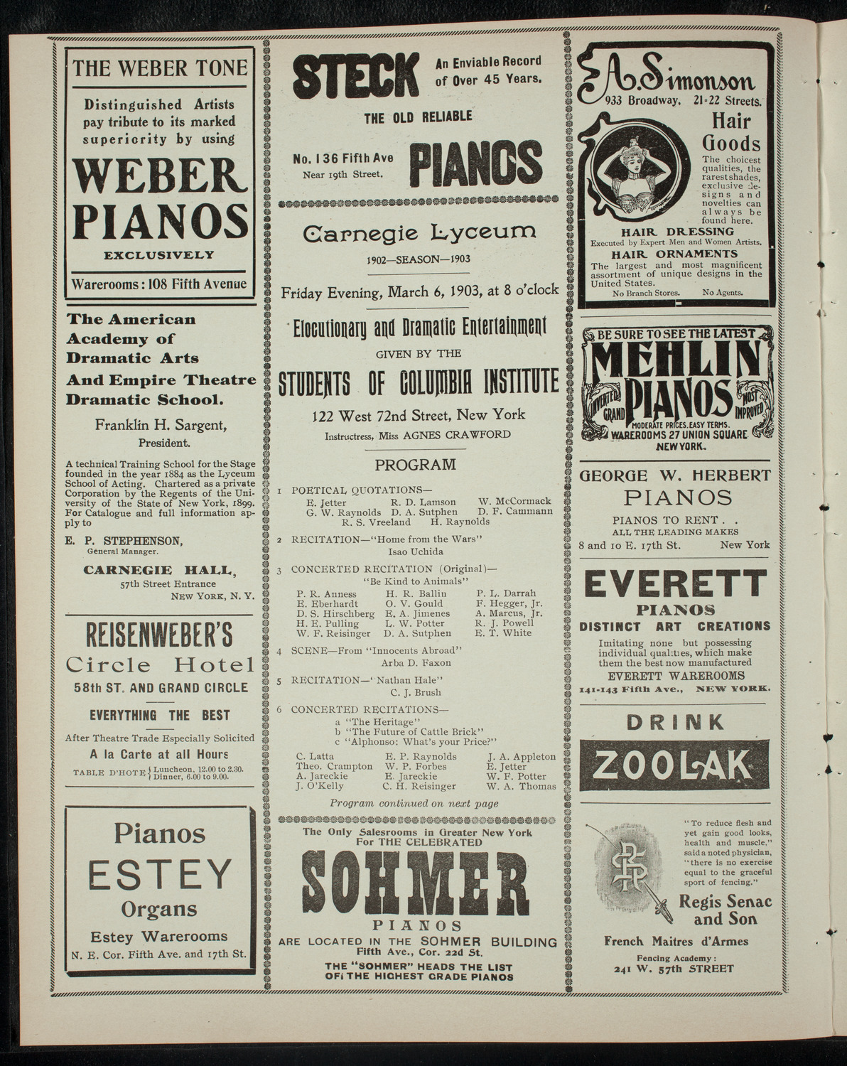 Columbia Institute Student Dramatic and Elocutionary Program, March 6, 1903, program page 2