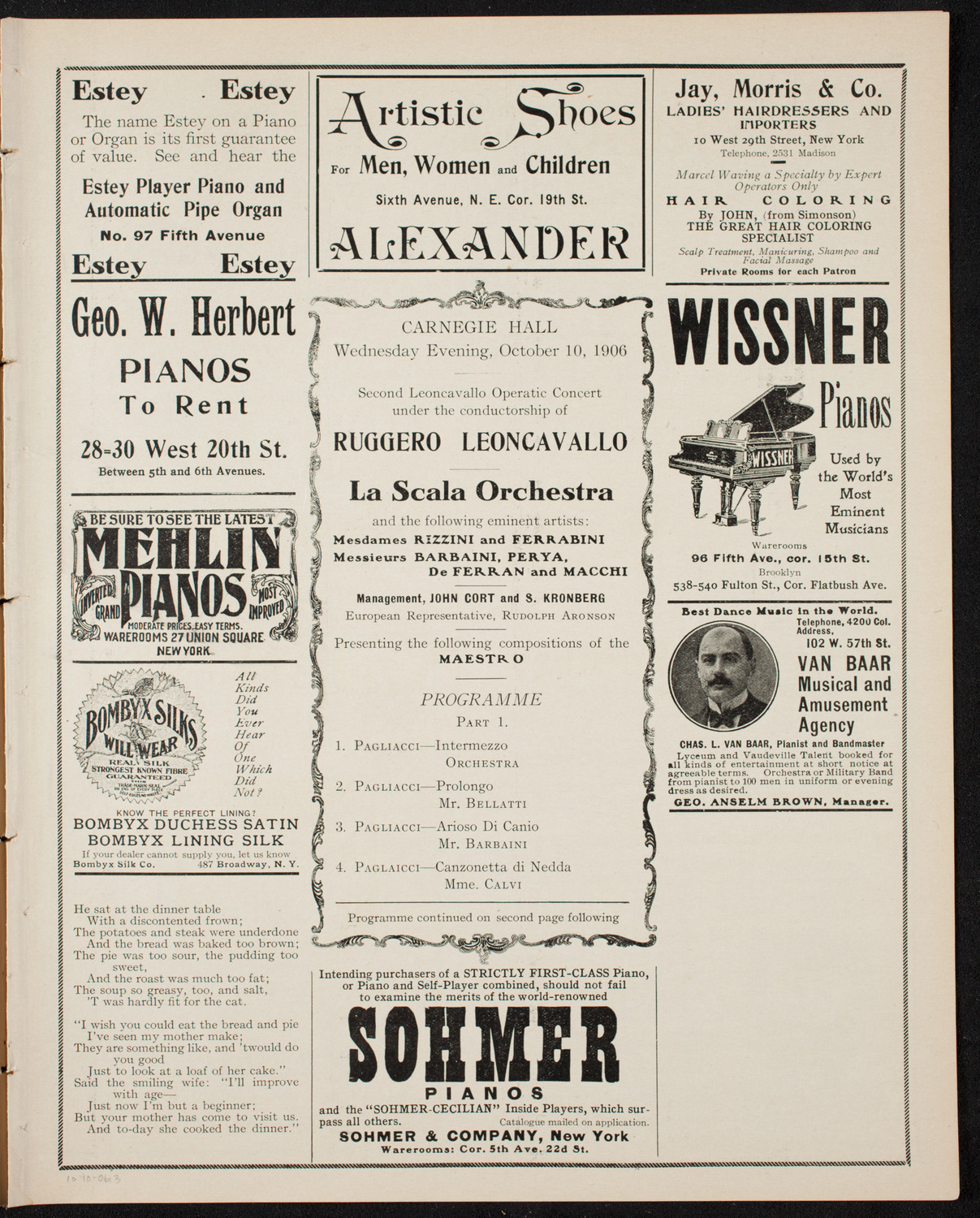 Ruggero Leoncavallo and La Scala Orchestra, October 10, 1906, program page 5