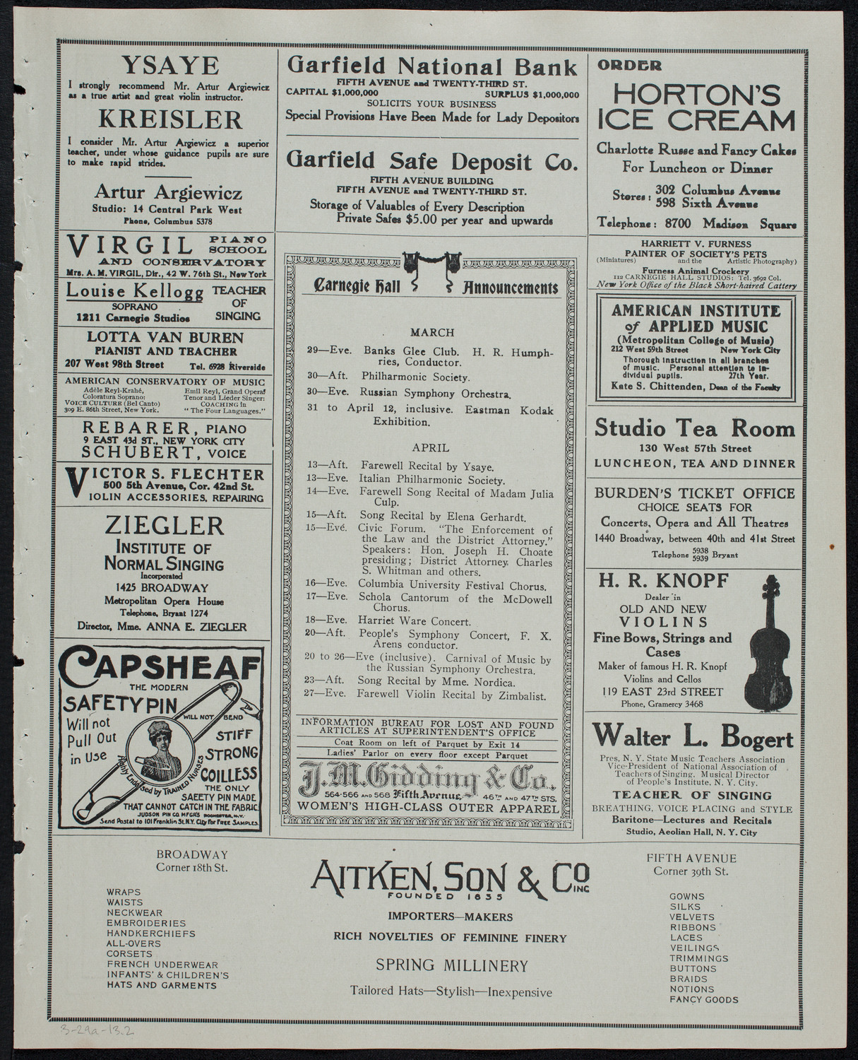 Mischa Elman, Violin, March 29, 1913, program page 3