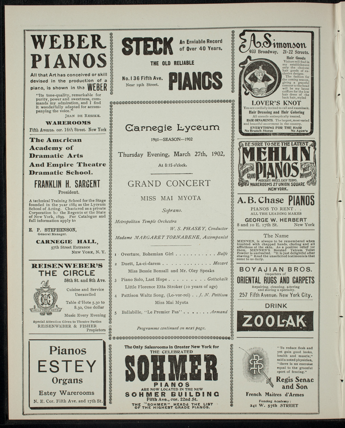 Grand Concert featuring Miss Mai Myota, March 27, 1902, program page 2