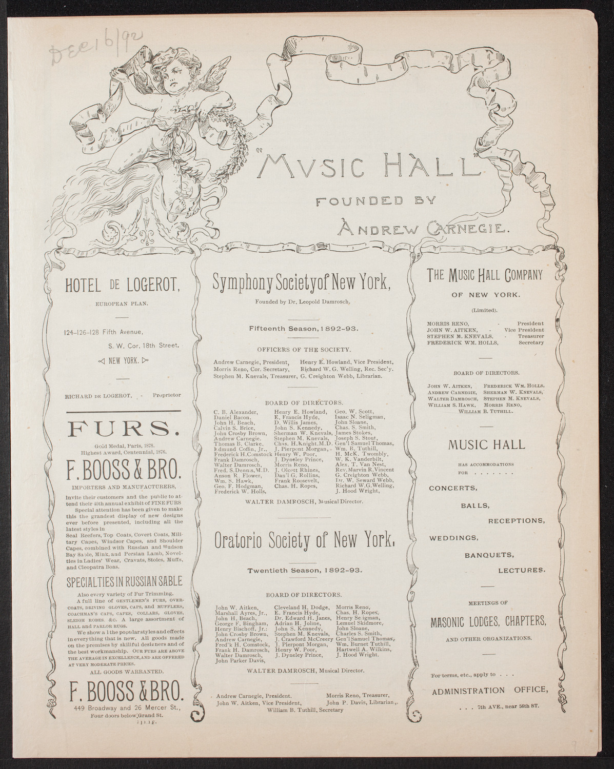 New York Philharmonic, December 16, 1892, program page 1