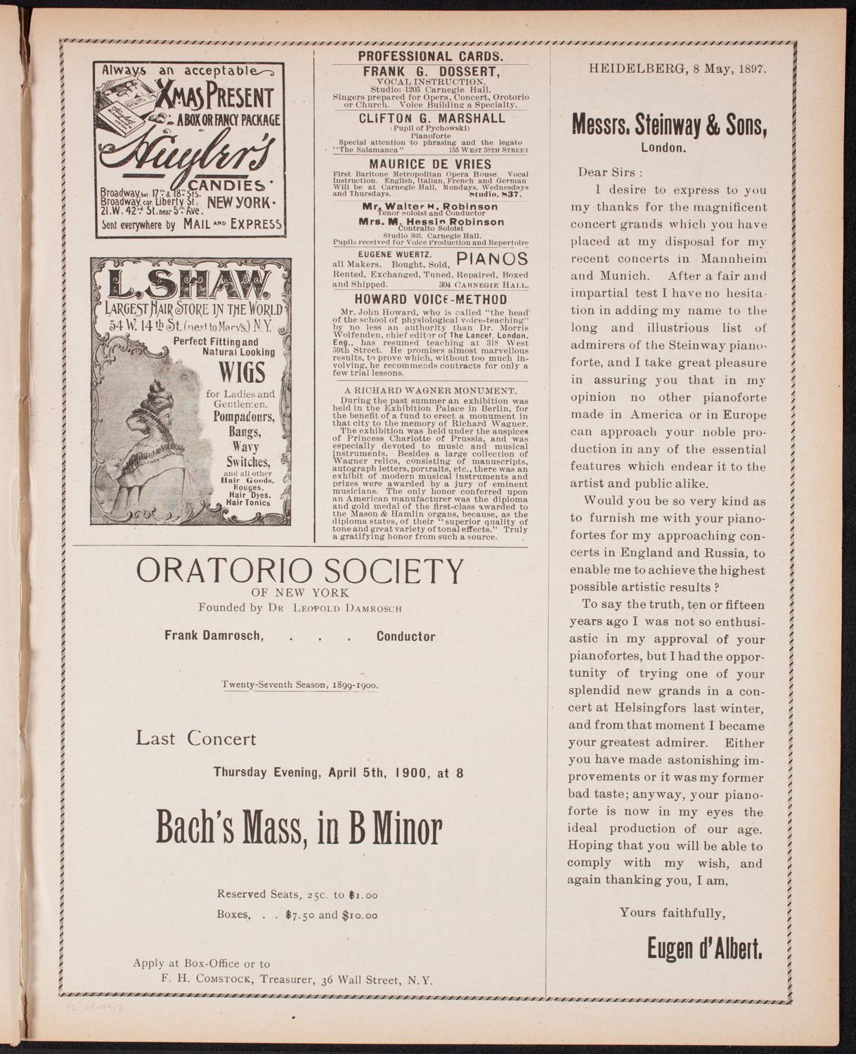 Oratorio Society of New York, December 29, 1899, program page 5