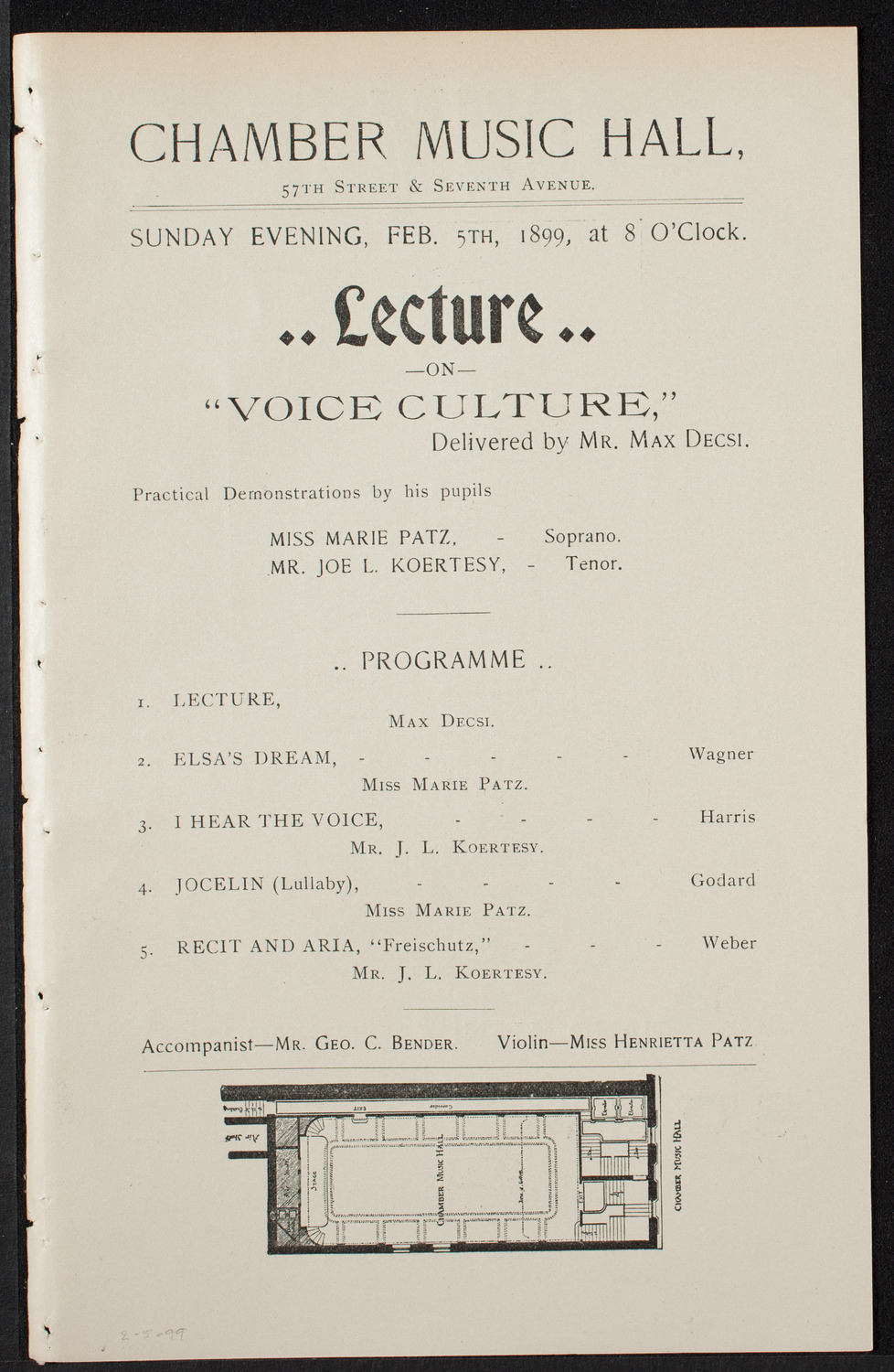 Lecture on Voice Culture, February 5, 1899, program page 1