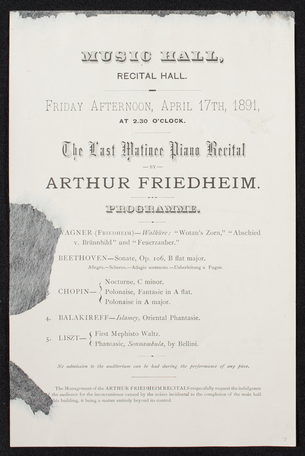 Arthur Friedheim, Piano, April 17, 1891, program page 1