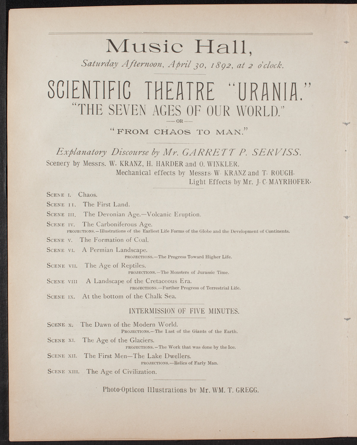 Urania Scientific Theatre, April 30, 1892, program page 6