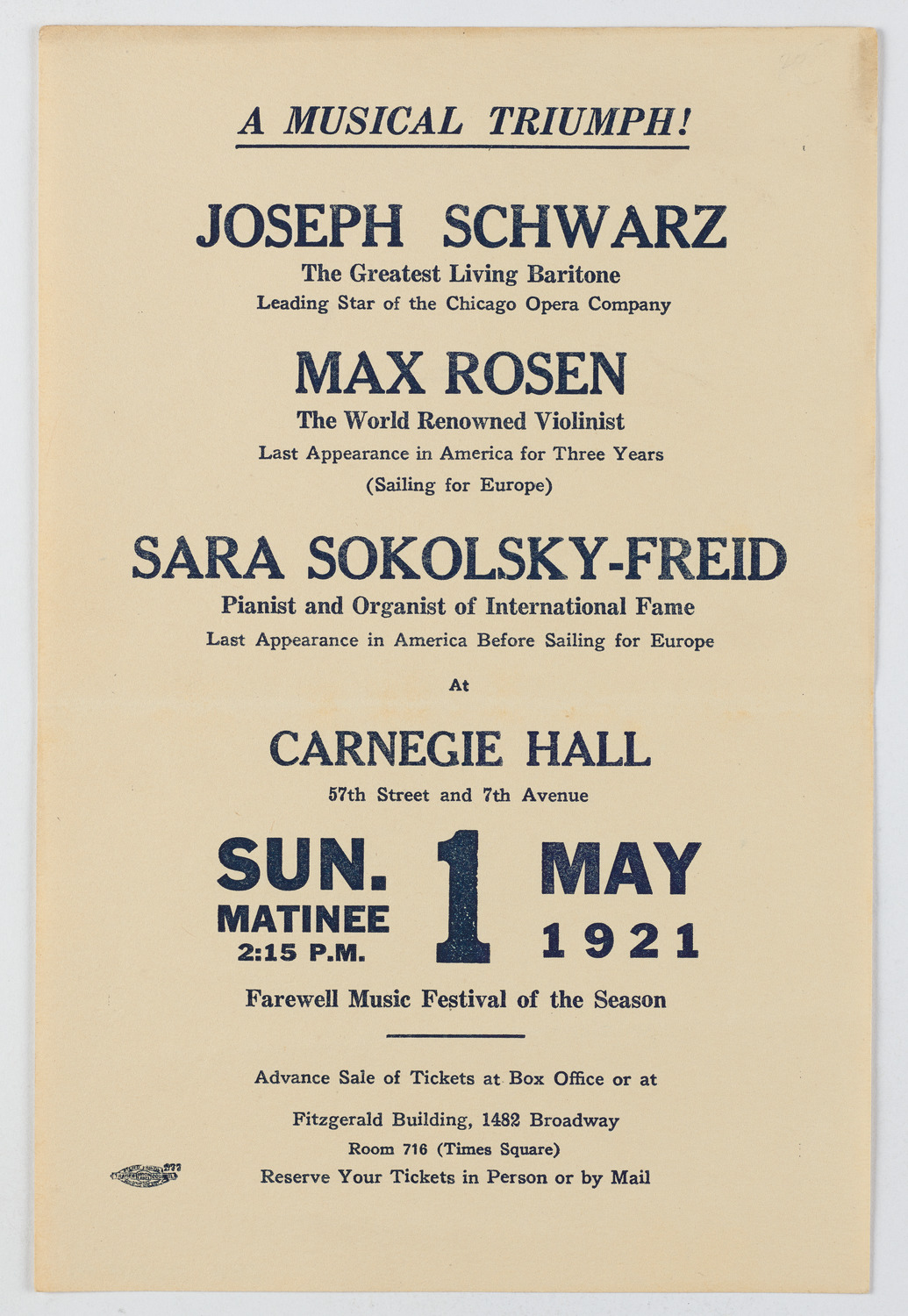 Joseph Schwarz, Max Rosen and Sara Sokolsky-Freid, May 1, 1921