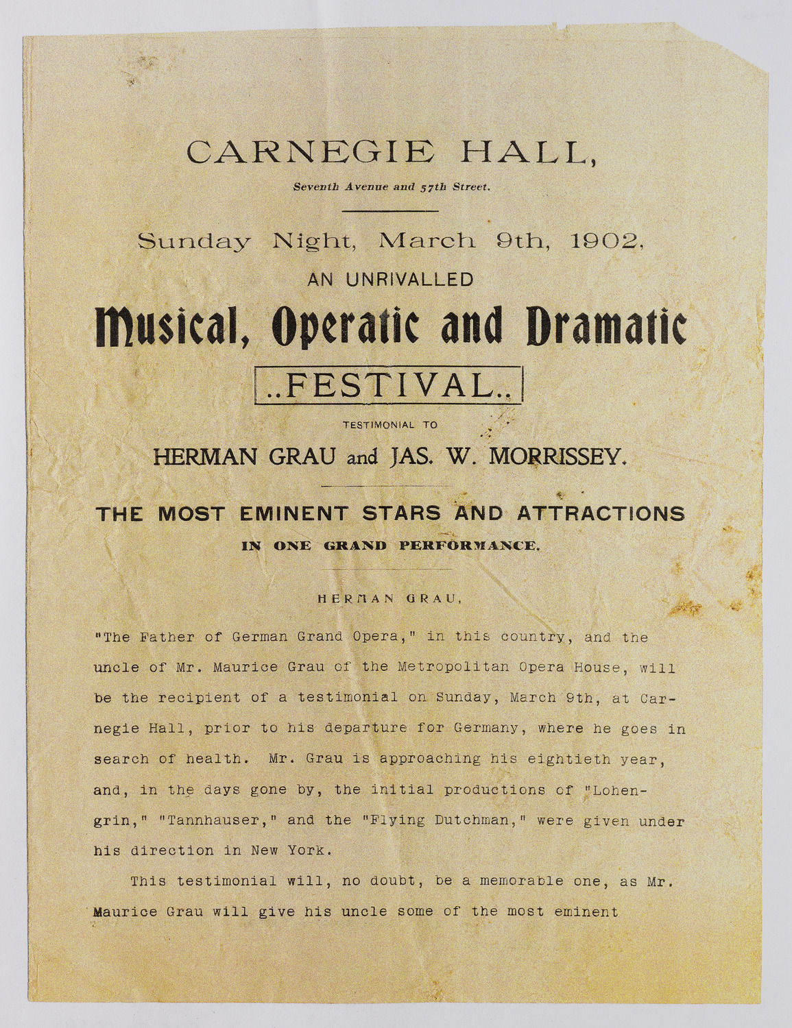 Cancelled Event: Testimonial to Herman Grau and James W. Morrissey, March 9, 1902