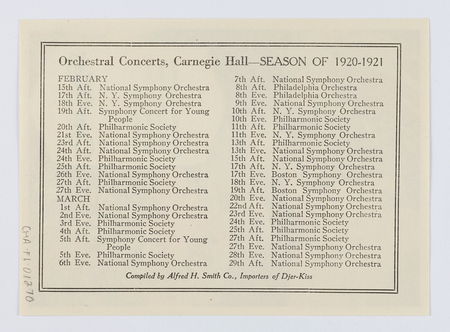 Djer-Kiss Cosmetics Orchestral Concert Schedules, 1921