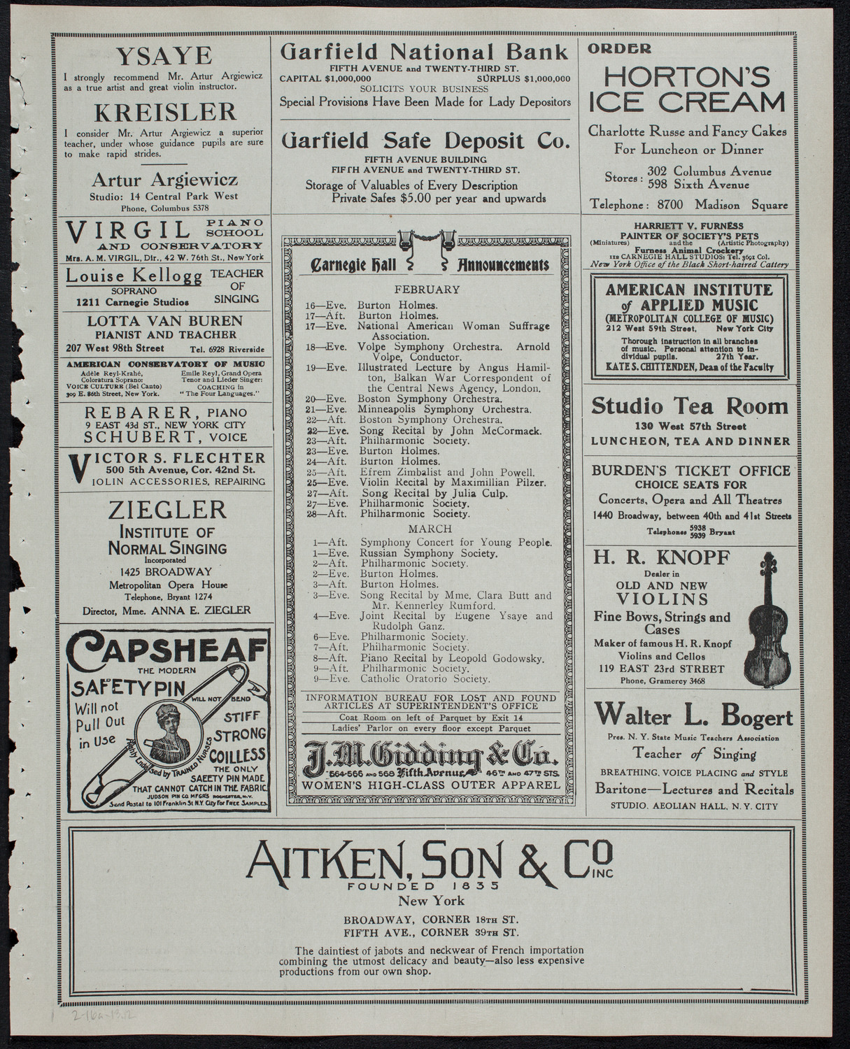 Eugène Ysaÿe, Violin, February 16, 1913, program page 3