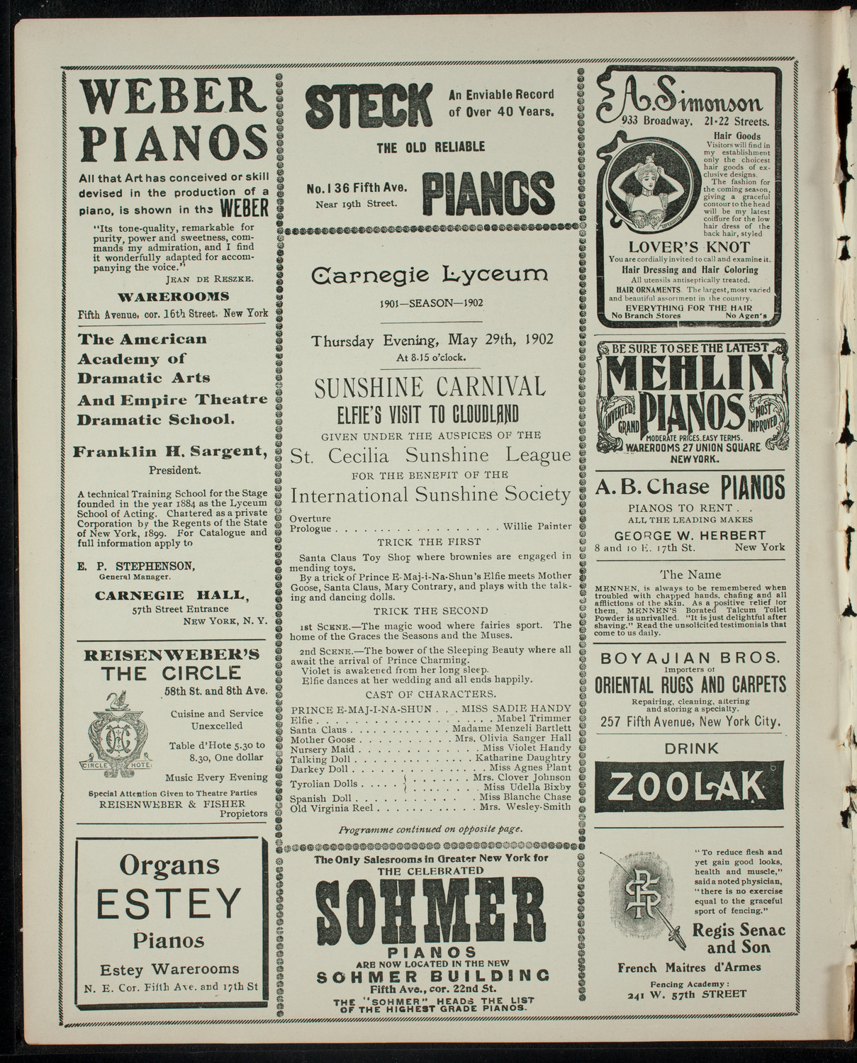 Benefit Performance for the International Sunshine Society, May 29, 1902, program page 2