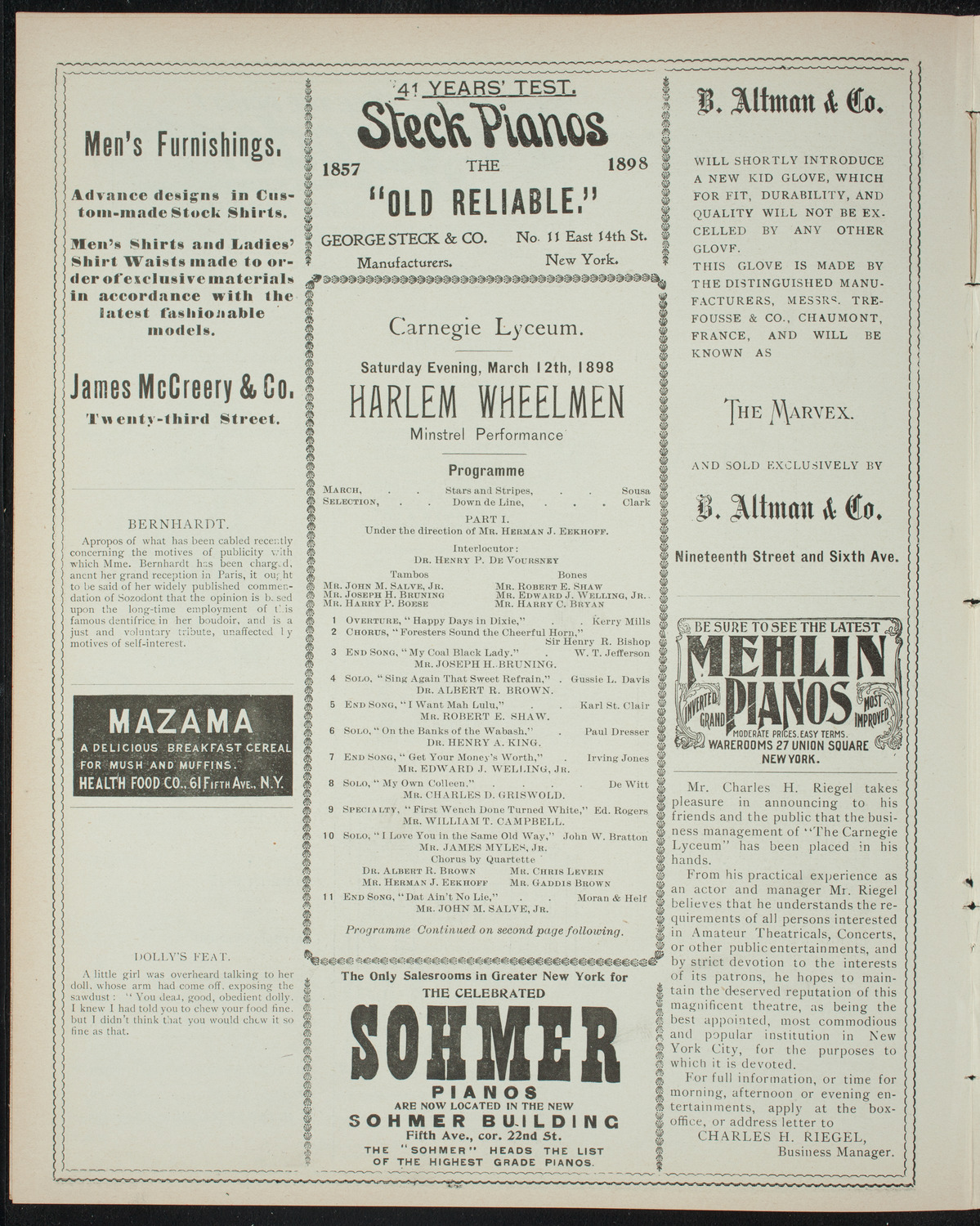 Harlem Wheelmen Minstrel Performance, March 12, 1898, program page 4