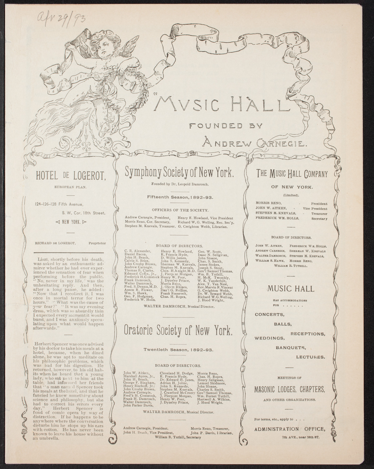 Ignacy Jan Paderewski, Piano, April 29, 1893, program page 1