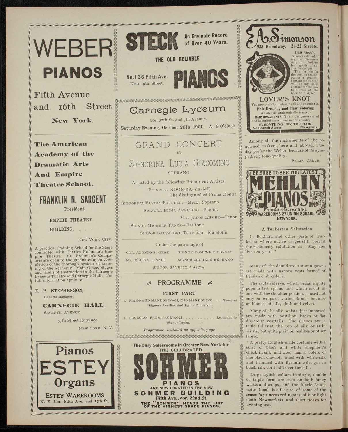 Grand Concert by Signorina Lucia Giacomino, October 26, 1901, program page 2