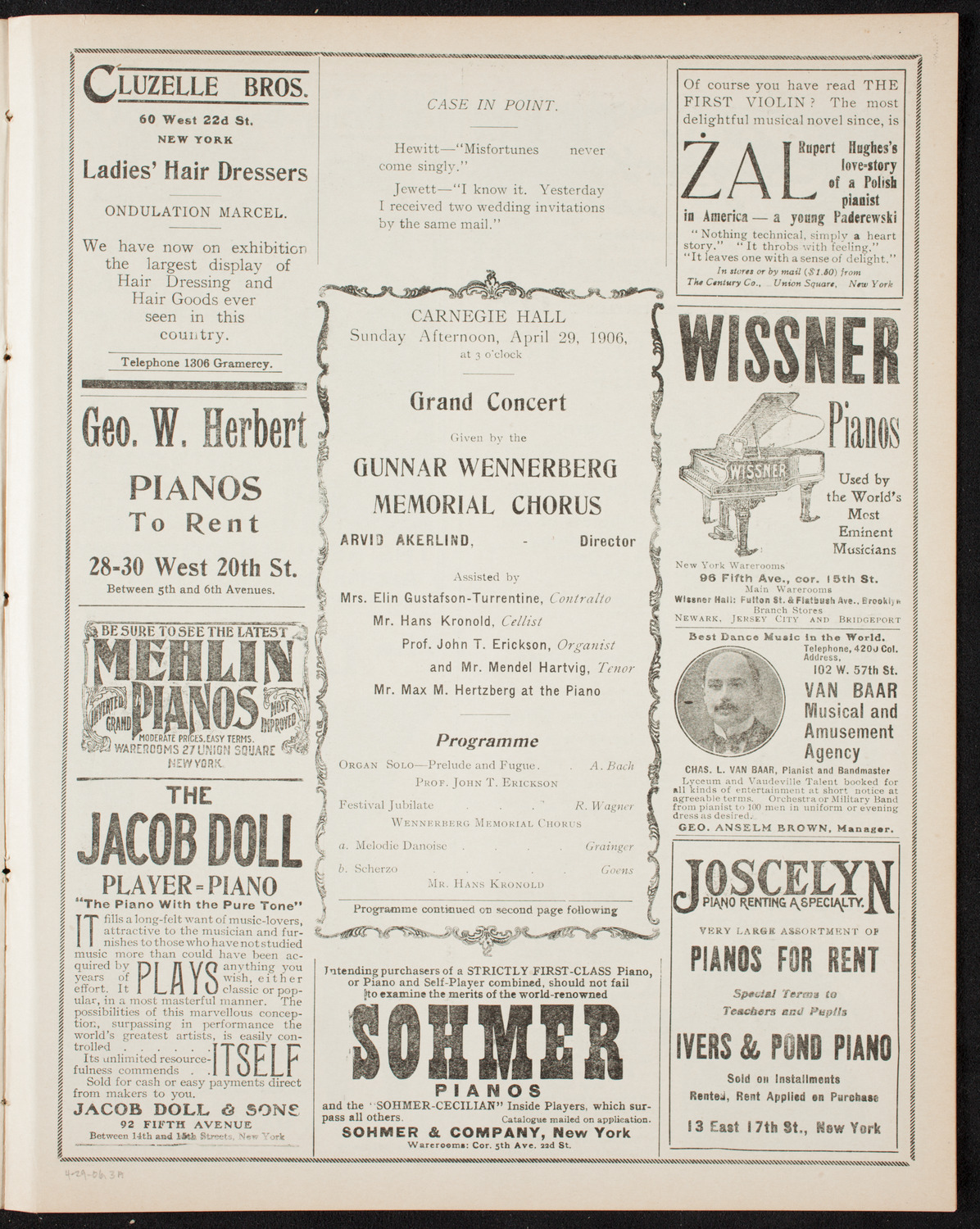 Gunnar Wennerberg Memorial Chorus, April 29, 1906, program page 5