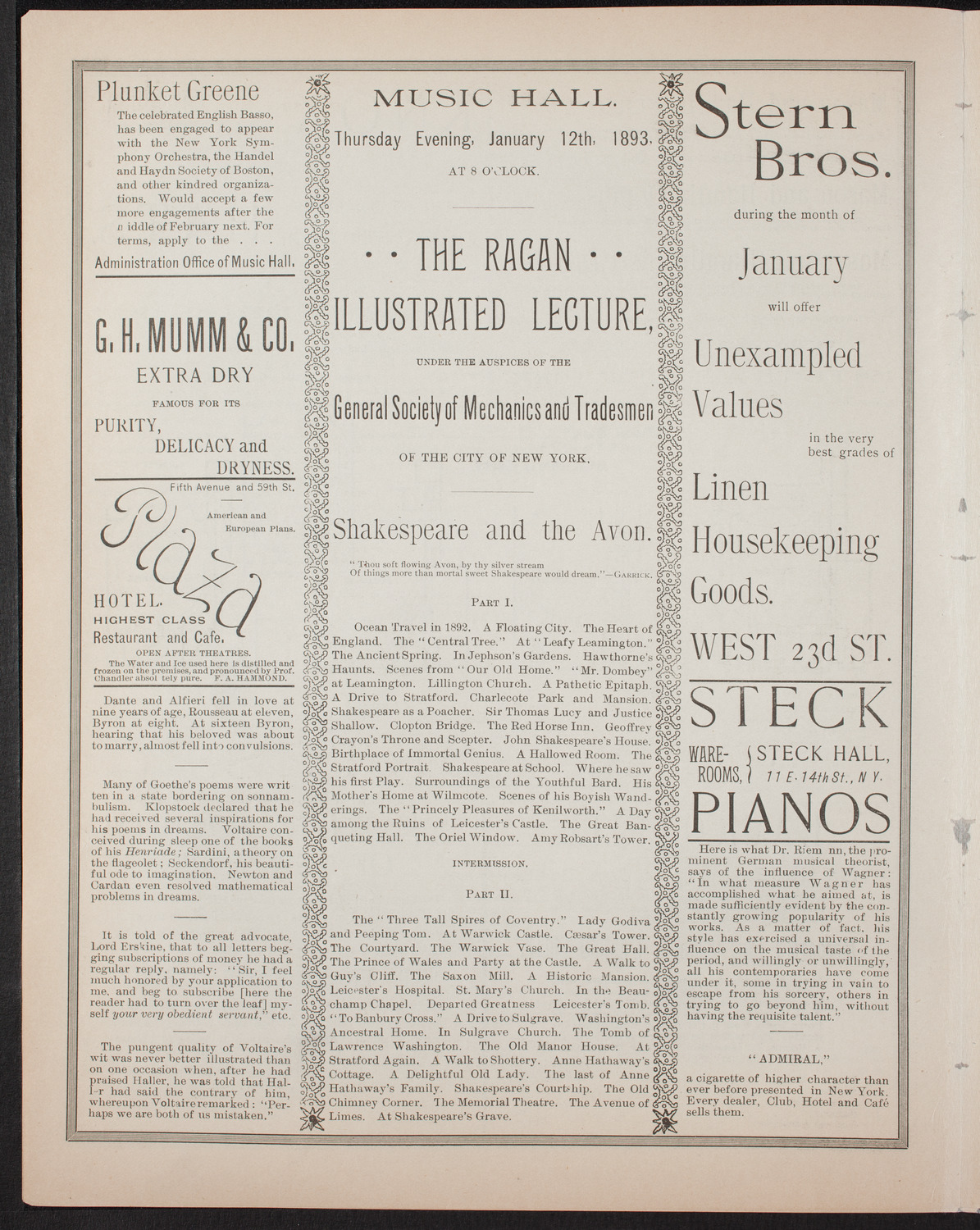 Lecture on Shakespeare and the Avon, January 12, 1893, program page 4