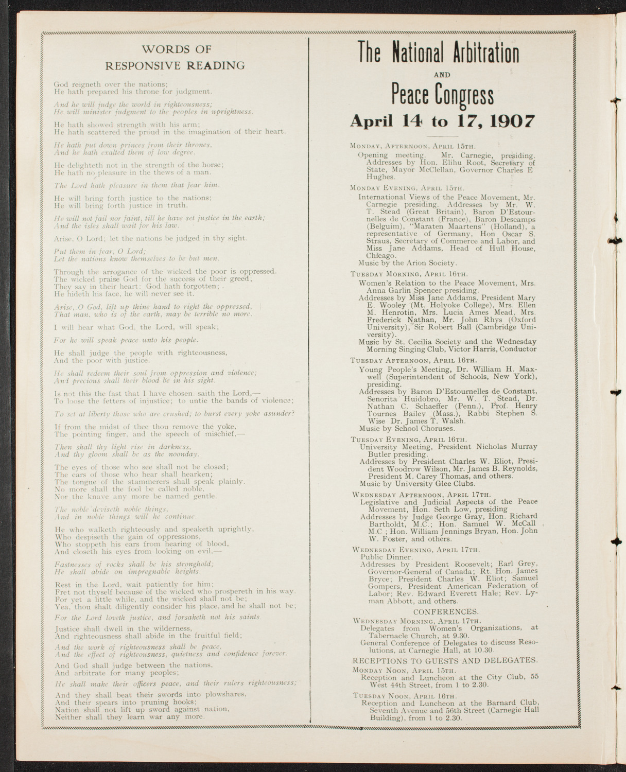 National Arbitration and Peace Congress: Choral Service, April 14, 1907, program page 10