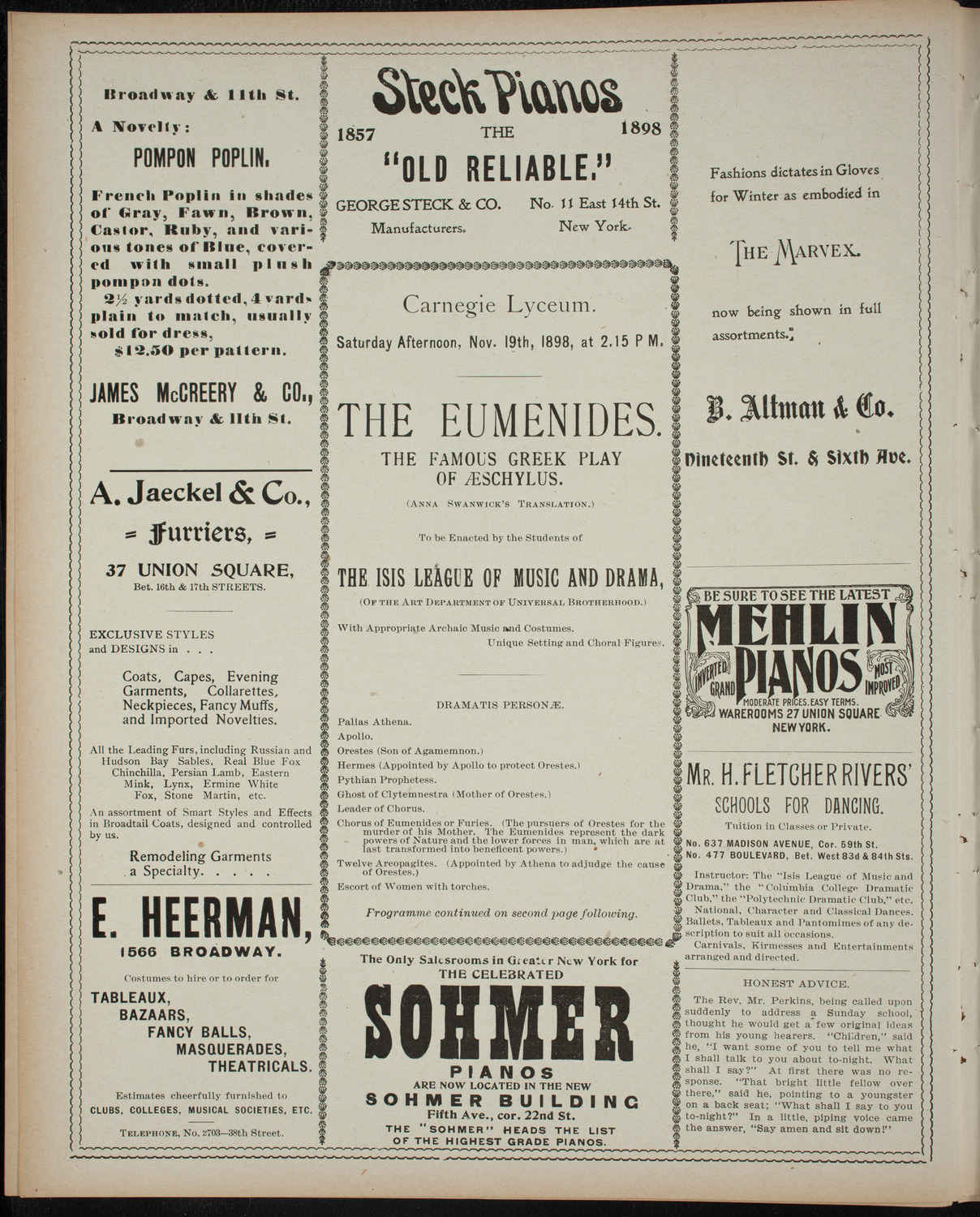 Isis League of Music and Drama Student Production, November 19, 1898, program page 4