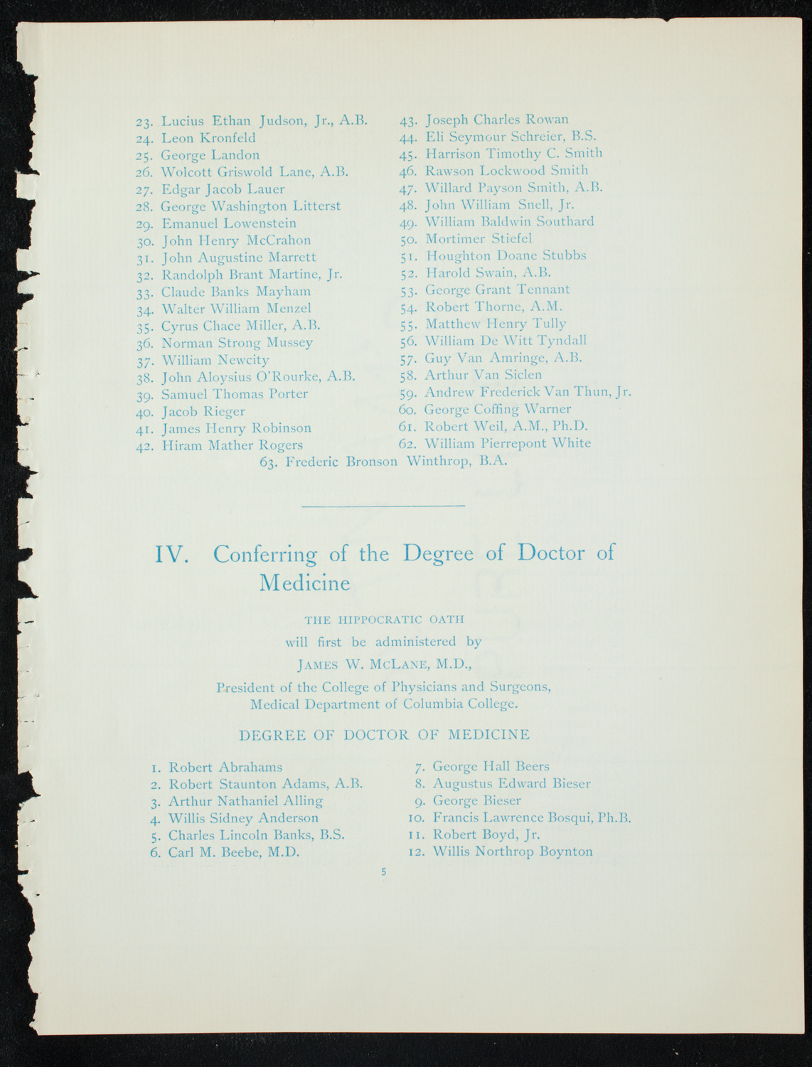 Graduation: Columbia College, June 10, 1891, program page 5