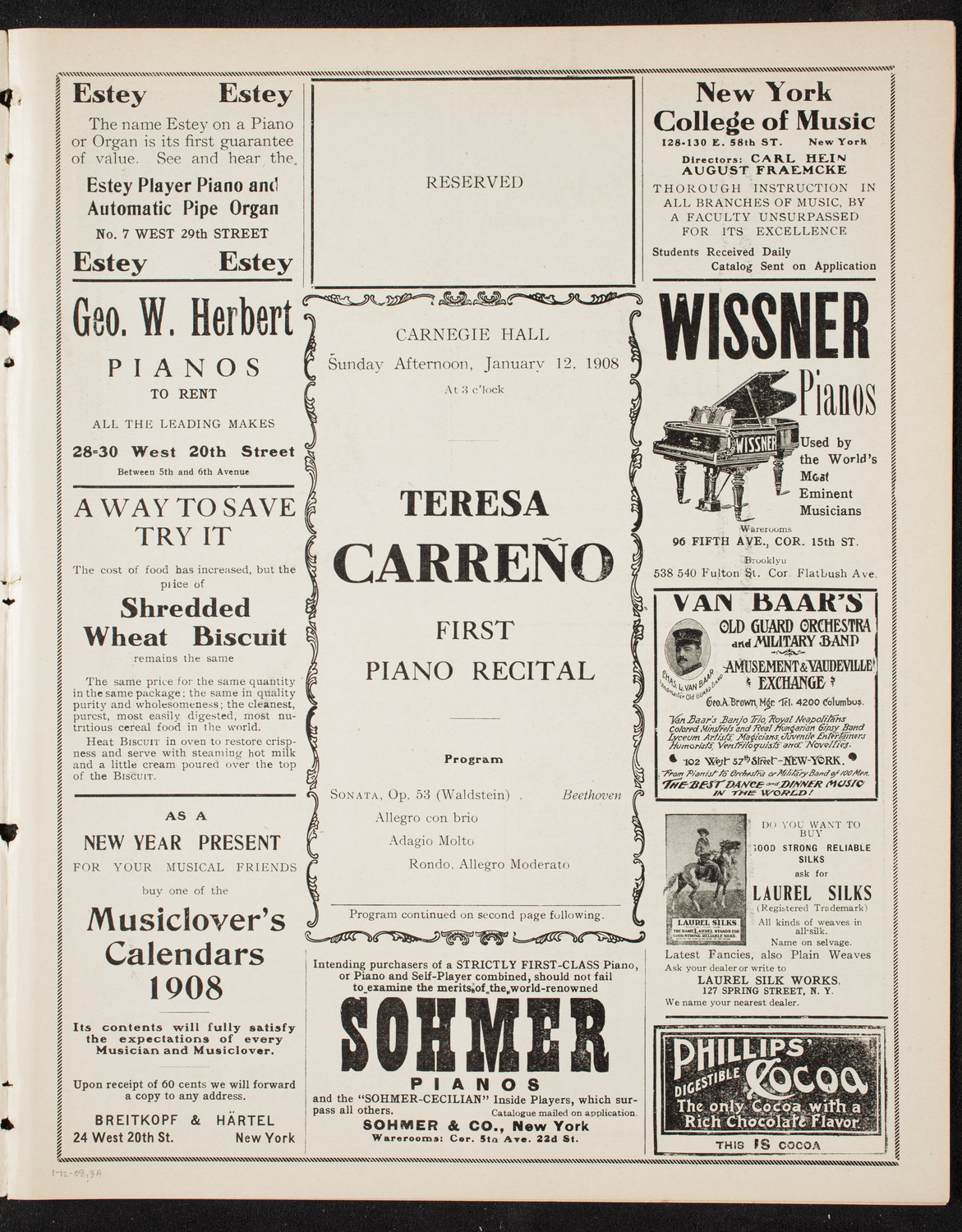 Teresa Carreño, Piano, January 12, 1908, program page 5