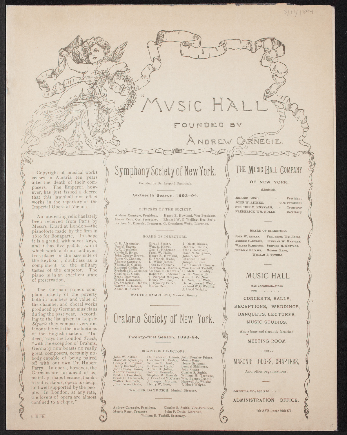 Damrosch Sunday Concert, March 11, 1894, program page 1
