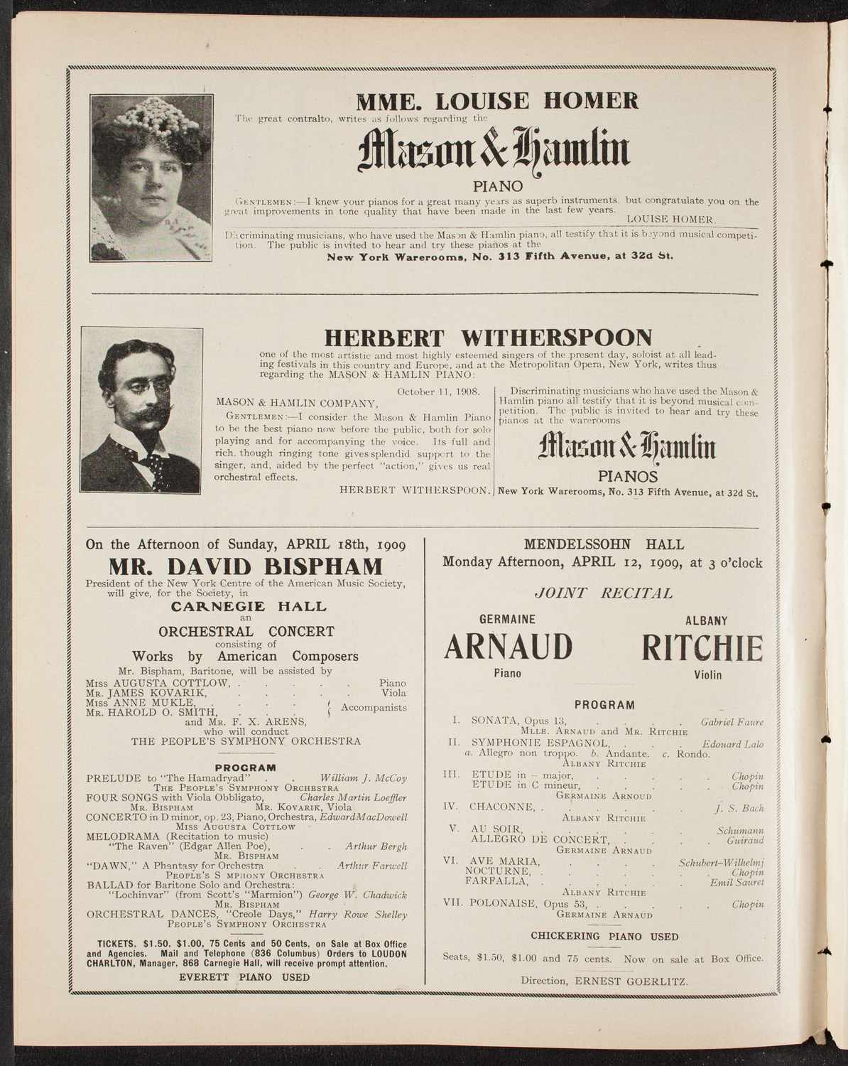 Oratorio Society of New York, April 8, 1909, program page 10