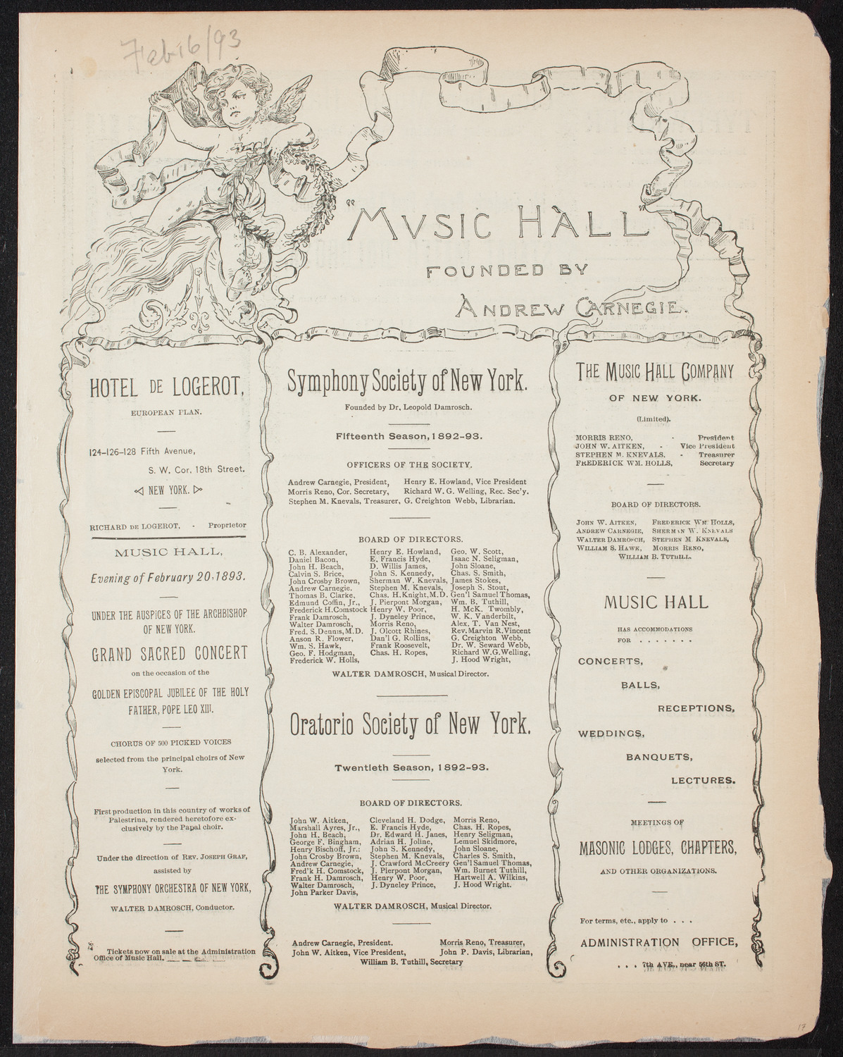 Frederic Dean's First Lenten Lecture, February 16, 1893, program page 1