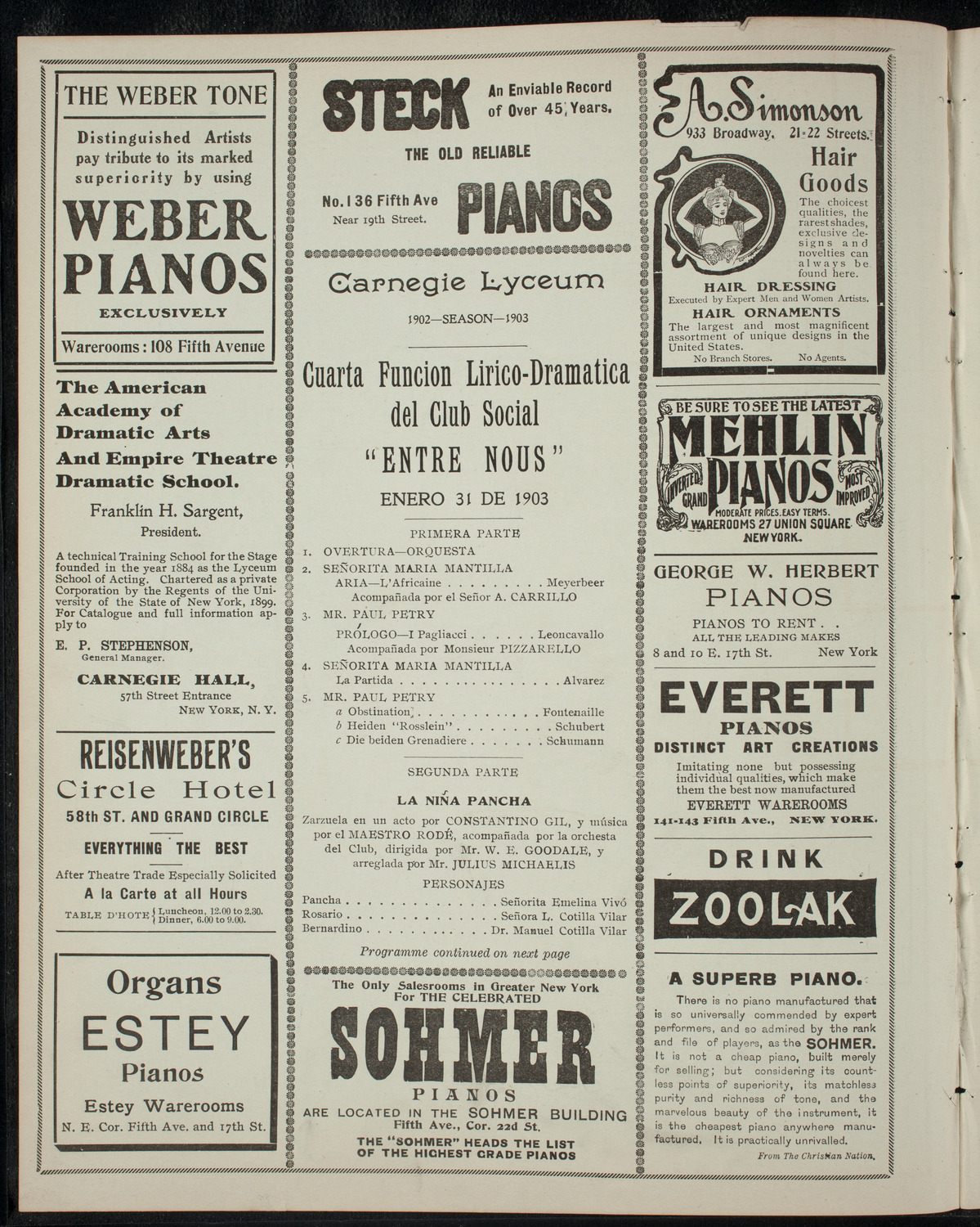 Social Club "Entre Nous", January 31, 1903, program page 2