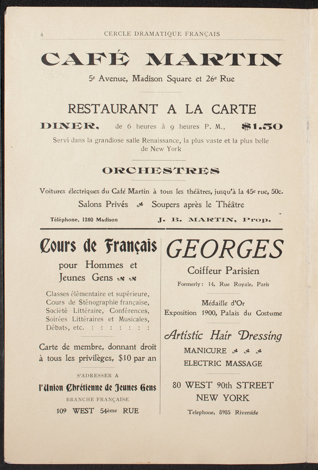 Cercle Dramatique de l'Alliance Française de New York, November 21, 1907, program page 5