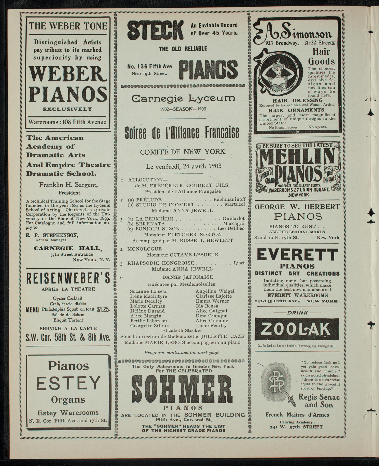 Soirée de l'Alliance Française, April 24, 1903, program page 2