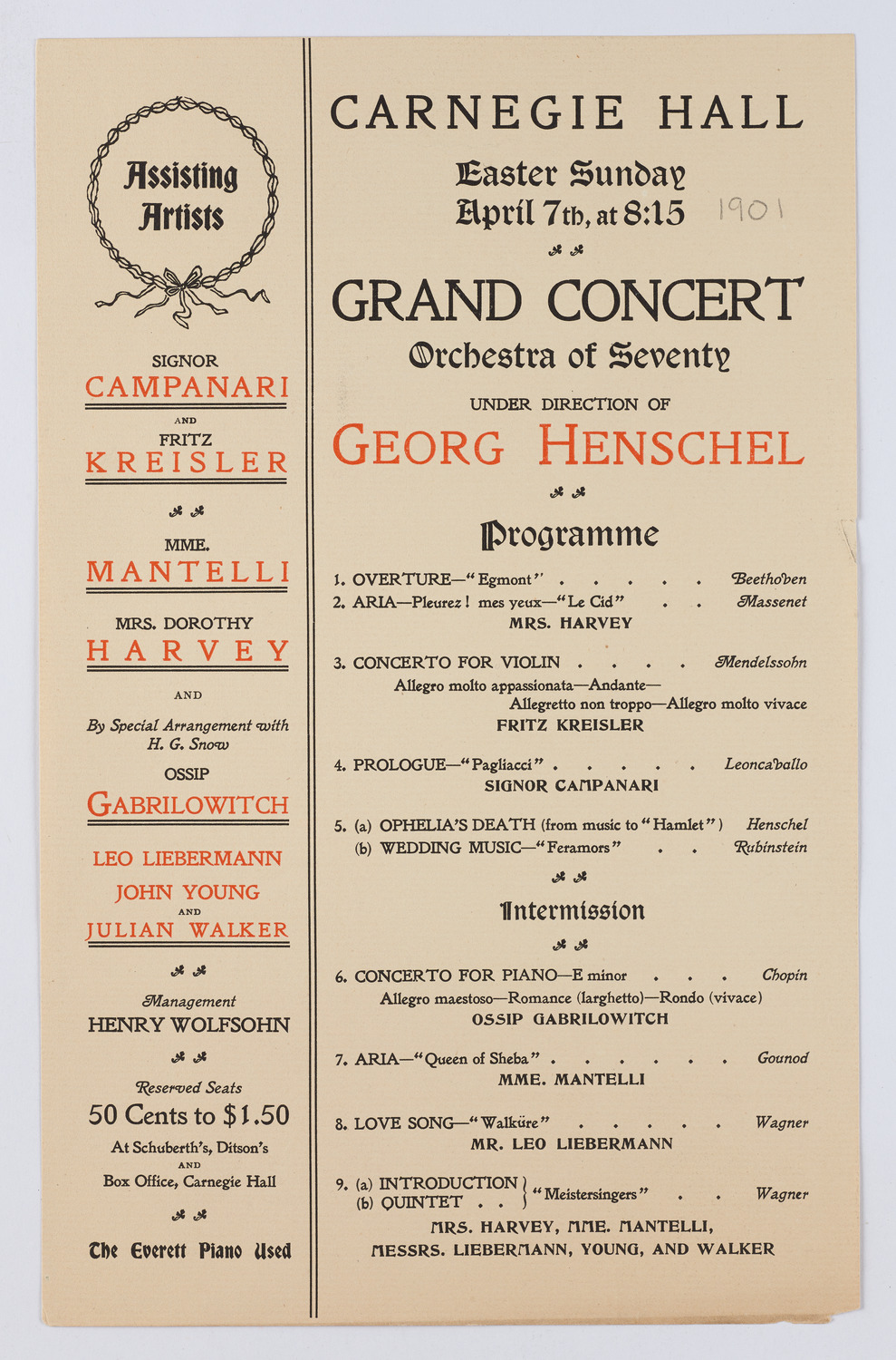 Orchestral Concert Conducted by Georg Henschel, April 7, 1901