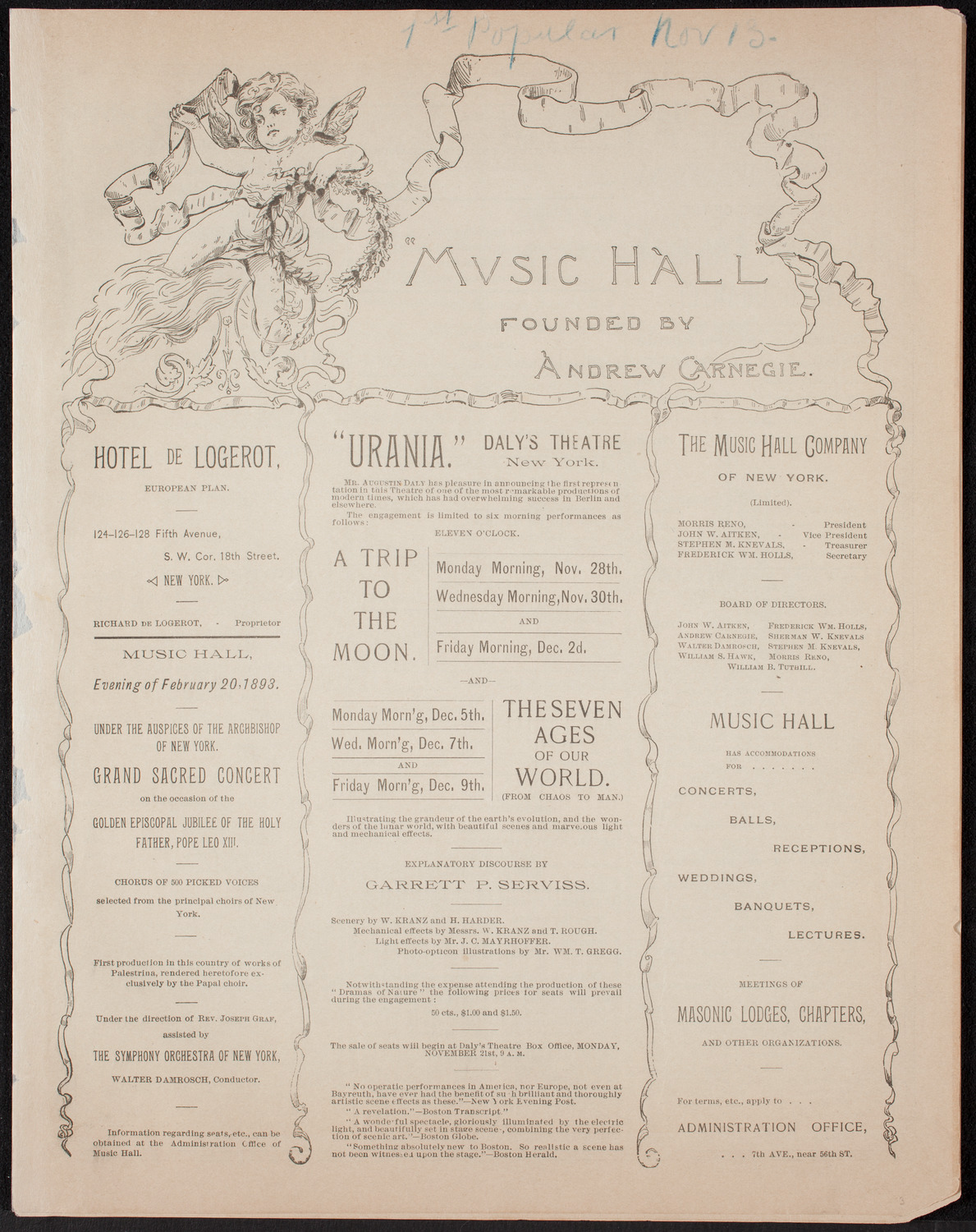 Damrosch Sunday Concert, November 13, 1892, program page 1