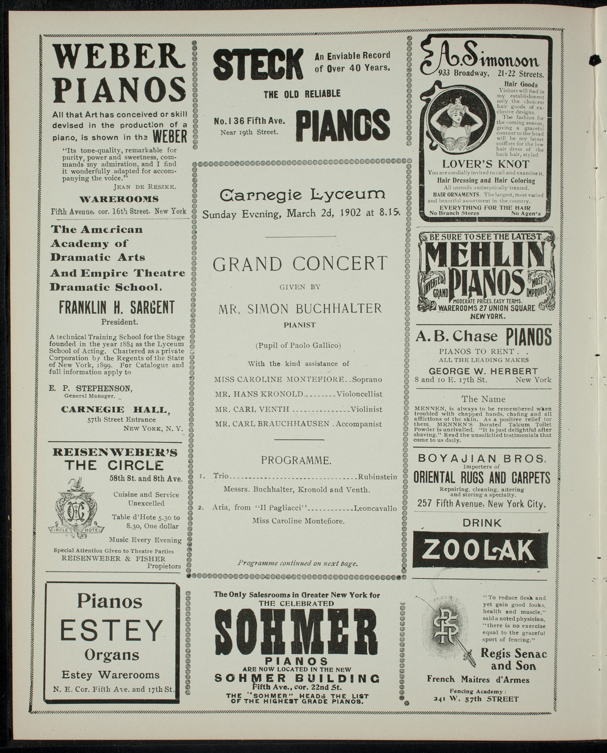 Grand Concert given by Simon Buchhalter, March 2, 1902, program page 2