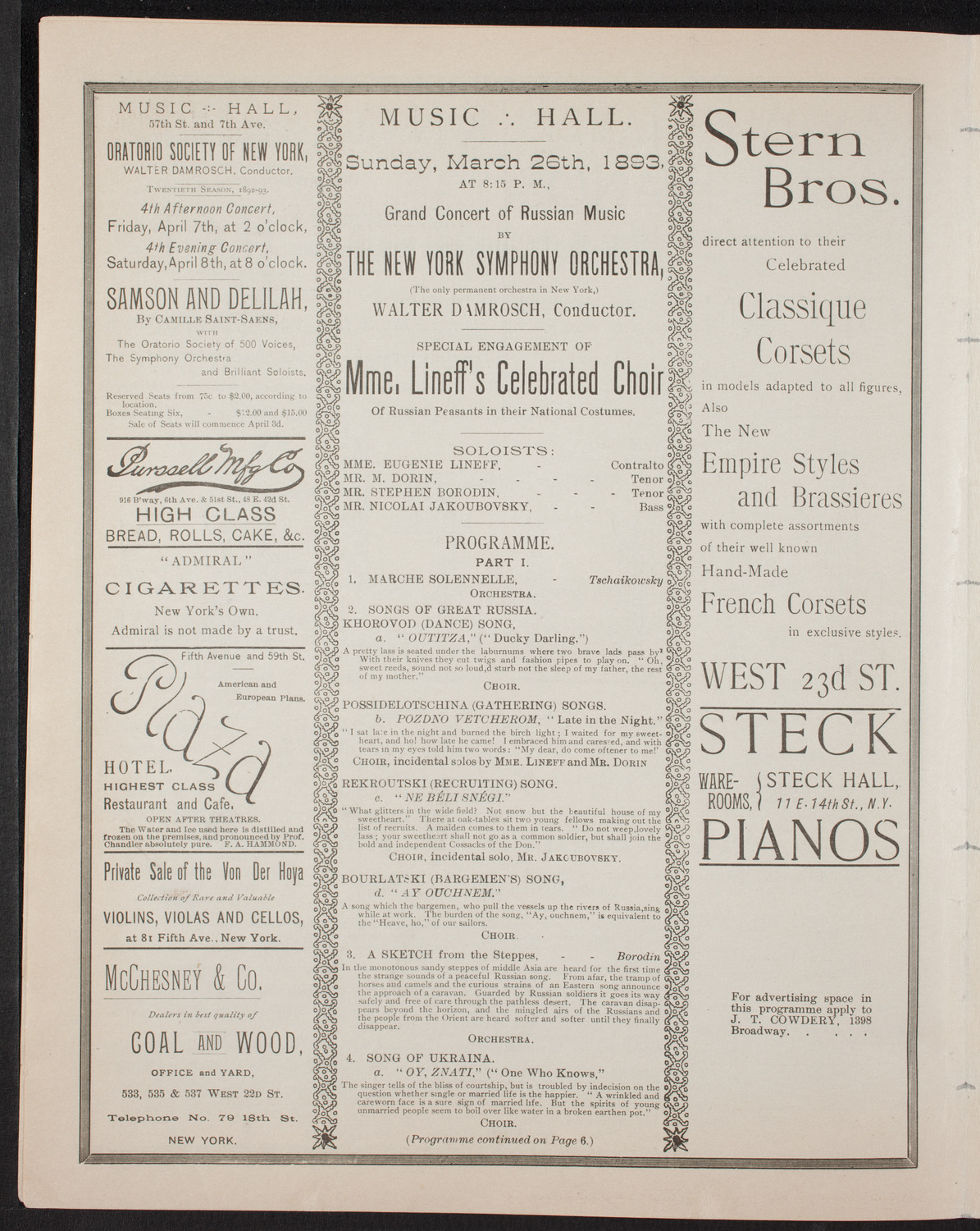 New York Symphony Orchestra and Madame Lineff's Russian Choir, March 26, 1893, program page 4