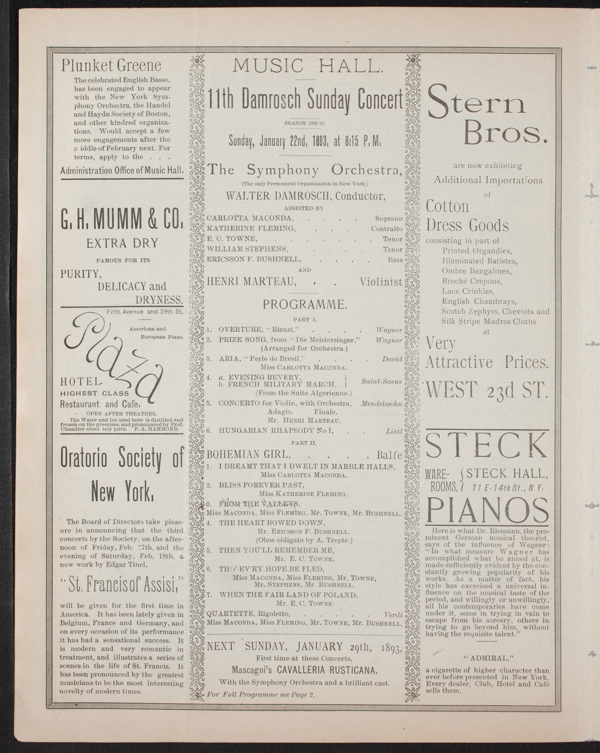 Damrosch Sunday Concert, January 22, 1893, program page 4