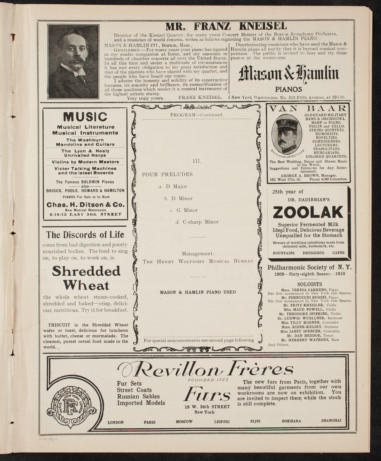 Sergei Rachmaninoff, Piano, November 20, 1909, program page 7