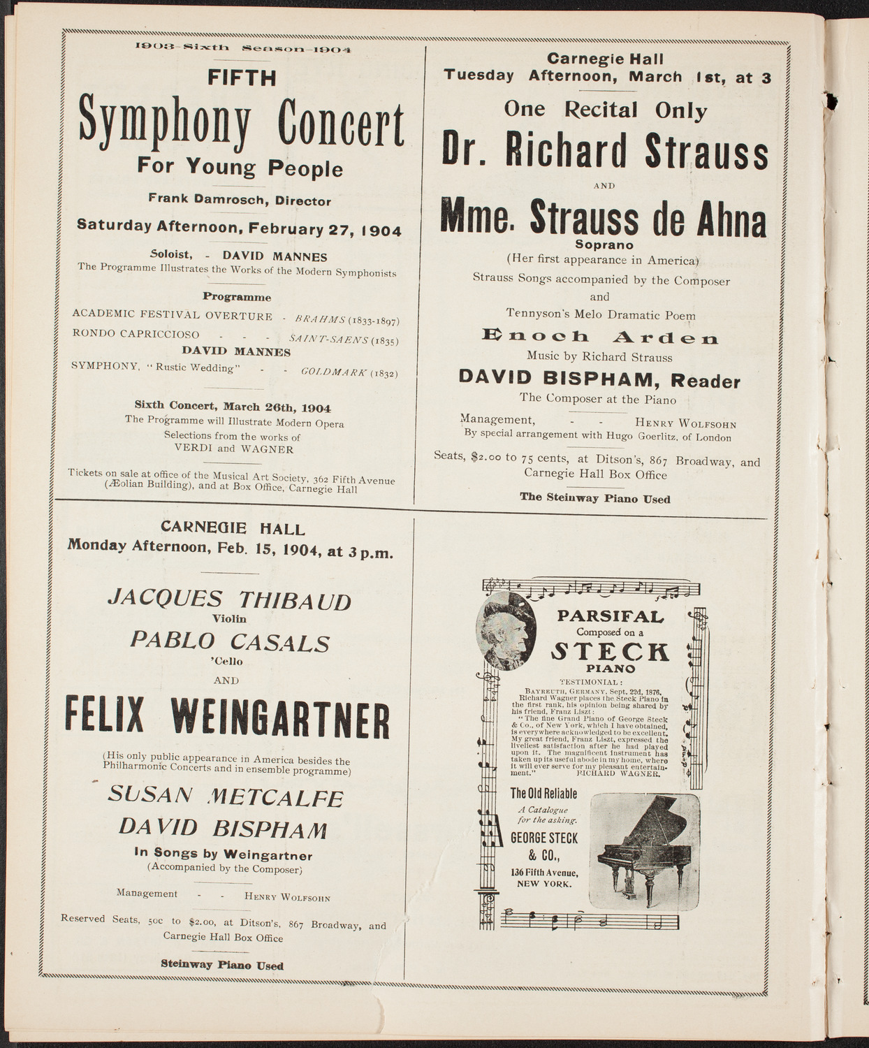 Susan Metcalfe, Soprano, David Bispham, Baritone, Jacques Thibaud, Violin, Pablo Casals, Cello, and Felix Weingartner, Piano, February 15, 1904, program page 8