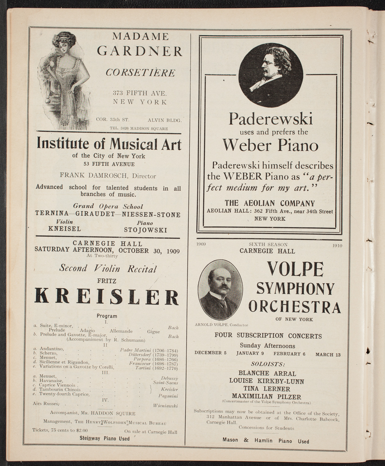 Blanche Arral with Volpe Symphony Orchestra, October 24, 1909, program page 6