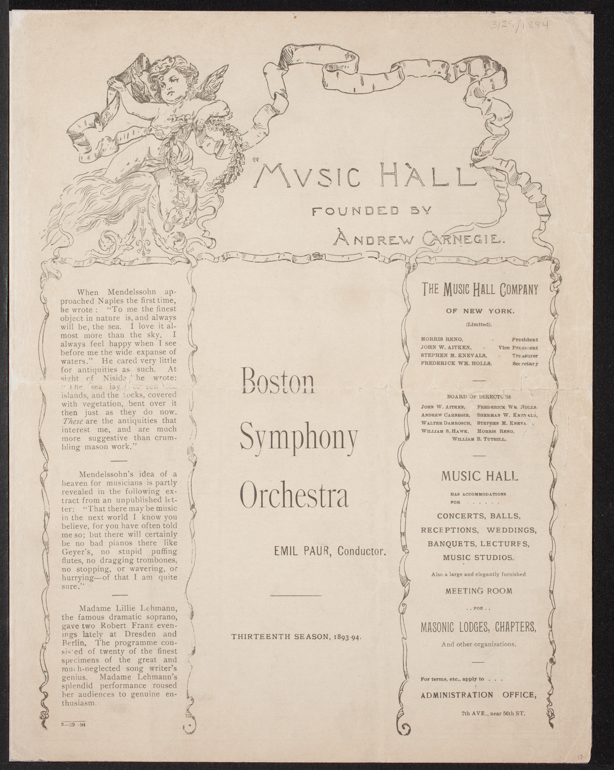 Boston Symphony Orchestra, March 29, 1894, program page 1