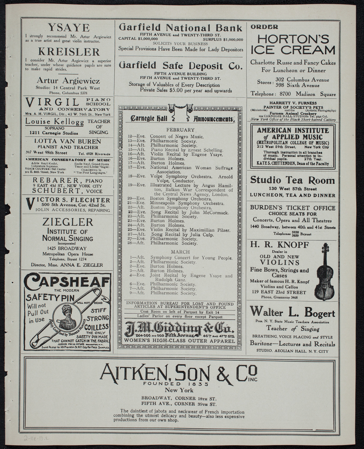 Frances Alda, Soprano, and Eugène Ysaÿe, Violin, February 11, 1913, program page 3
